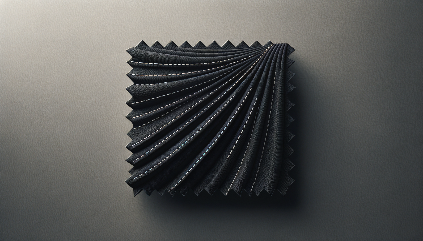 Un échantillon de tissu noir avec des coutures blanches, plié en plis décoratifs, placé sur une surface grise.