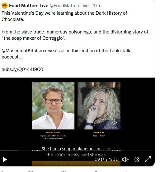 Images of Stefan Gates and Emma Kay, two individuals featured in the Food Matters Live podcast about the history of chocolate.