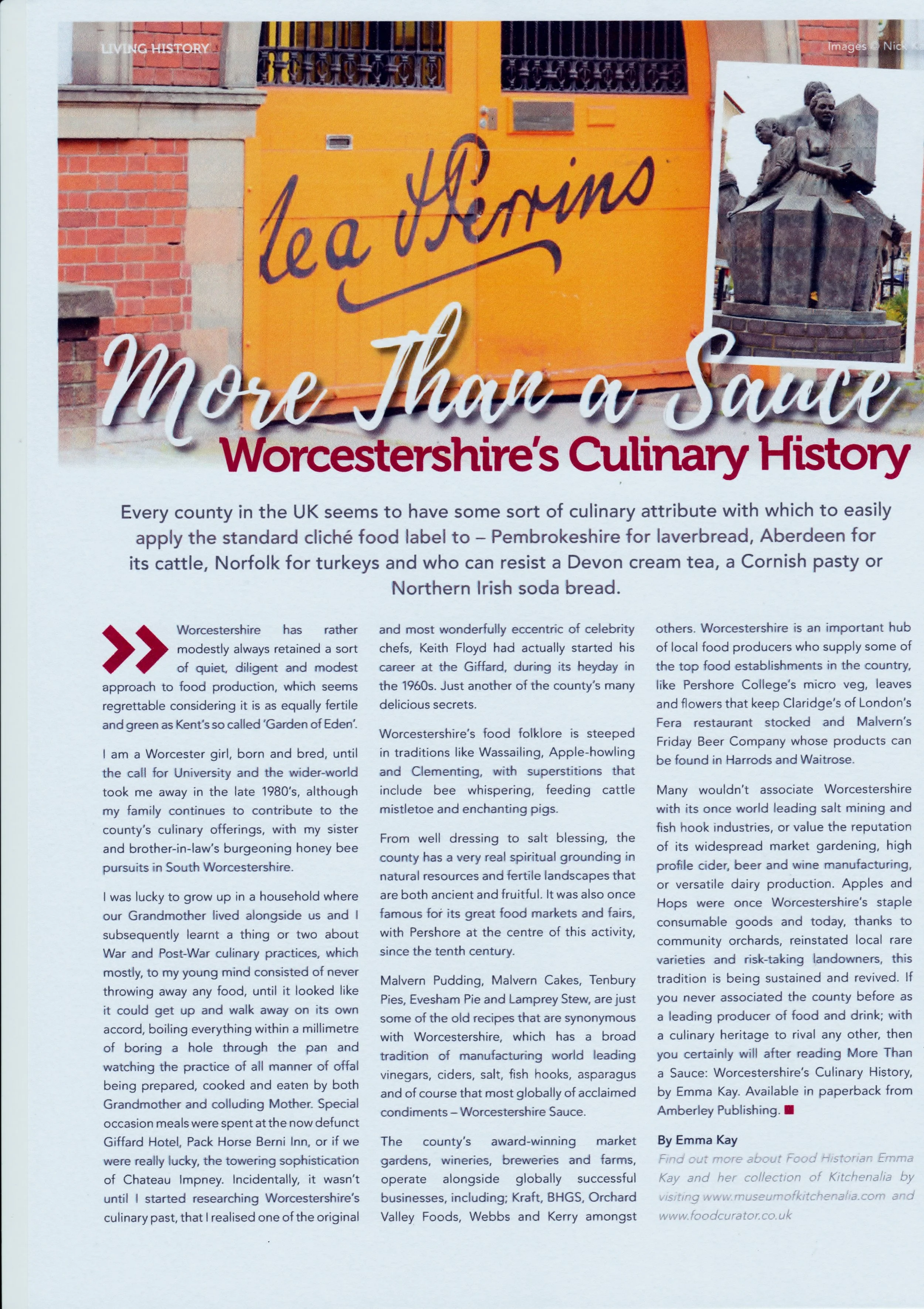 Text and images on a magazine page about Worcestershire's culinary history, including a photo of a sculpture and a bright orange door with a sign that says 'lea Perrins'.