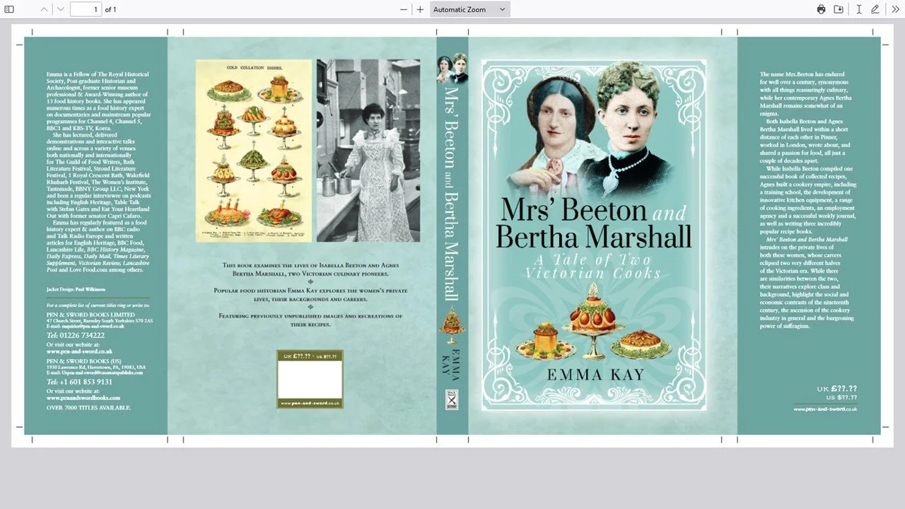 Book cover titled "Mrs' Beeton and Bertha Marshall: A Tale of Two Victorian Cooks" by Emma Kay, featuring portraits of Mrs' Beeton and Bertha Marshall, and images of Victorian-style desserts.