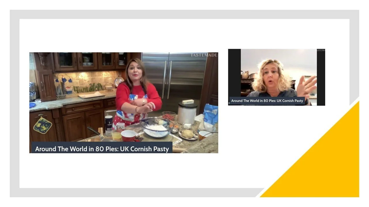 Historian Emma Kay and U.S. senator Caprice Cafaro participating in a virtual cooking class, with one in a kitchen and the other speaking in a video call, both discussing UK Cornish pasty.