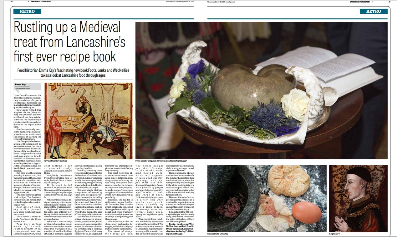 Article about historical foods in Lancashire by Historian Emma Kay for the Lancashire Evening Post