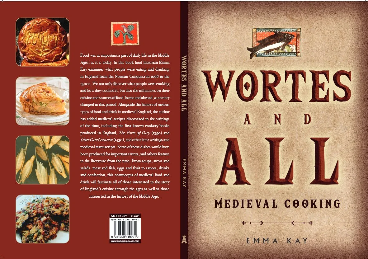 Book cover titled "WORRIES AND ALL: Medieval Cooking" by Emma Kay, featuring a fish illustration at the top, and images of food including a pie, a casserole, and a vegetable dish.