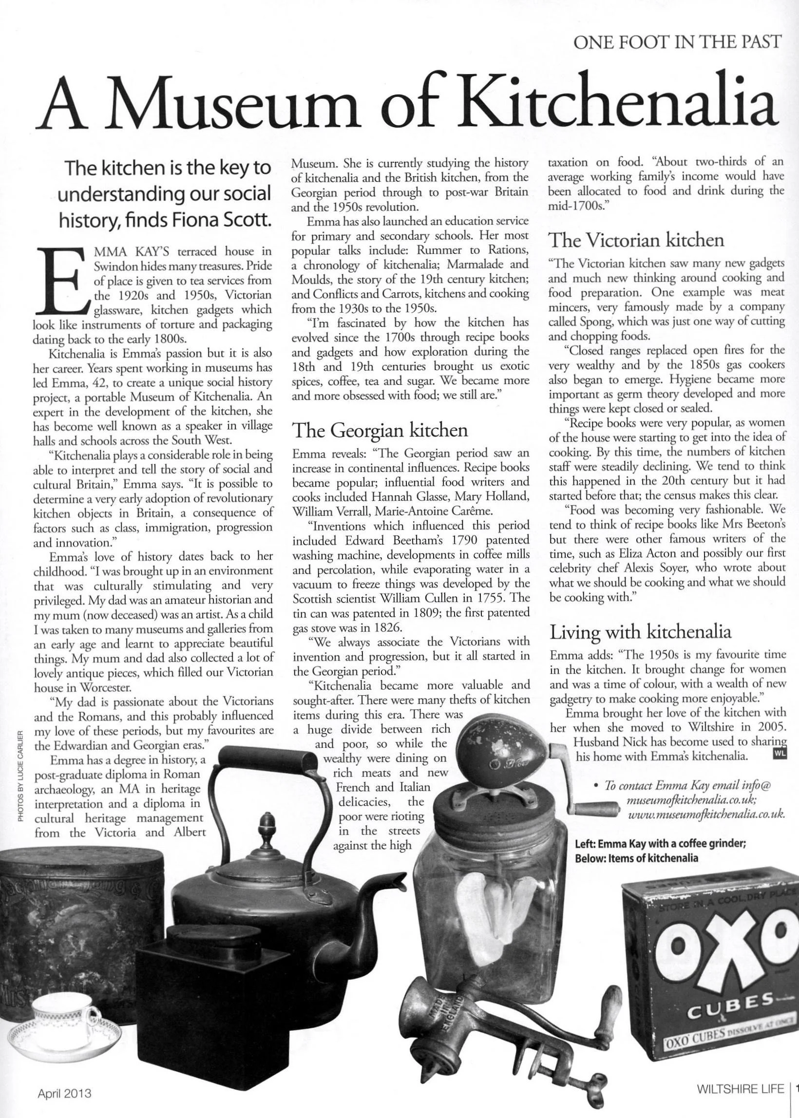 Page from a newspaper titled "A Museum of Kitchener" with images of vintage kitchen items including a teapot, a coffee grinder, a jar with a heart-shaped object inside, a box of OXO cubes, a cup and saucer, and some kitchen utensils. The article disc