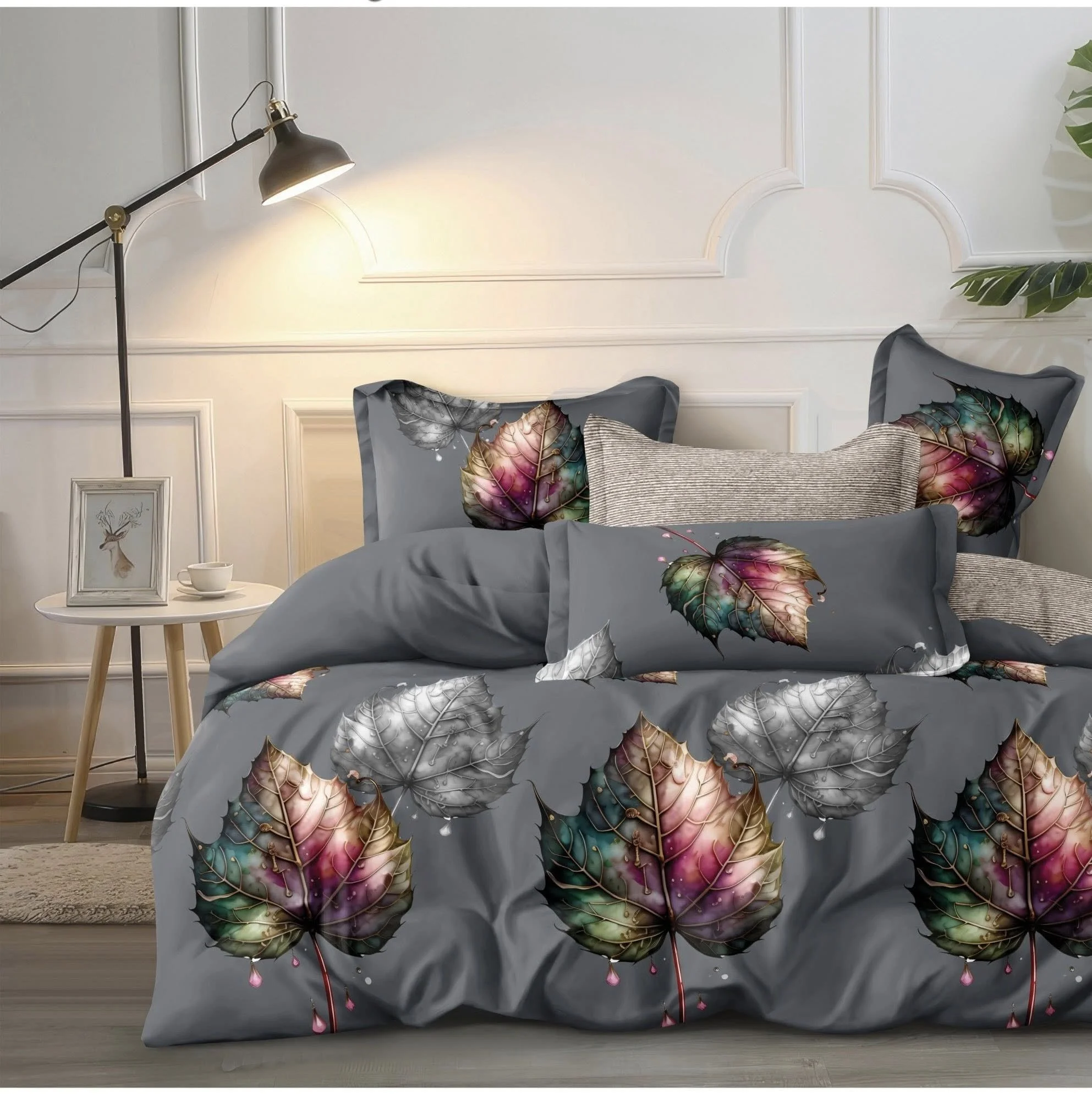 Elegant Multicolor Leaf Bedding Set  5 Pieces