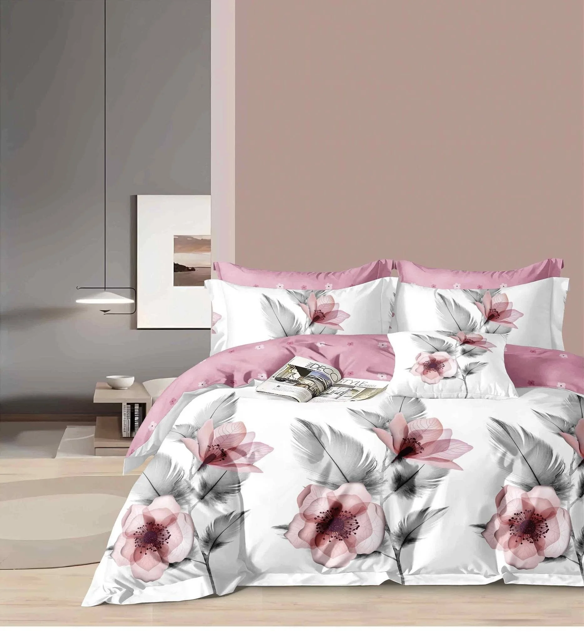 5-Piece Floral Bedding Set - Pink & White