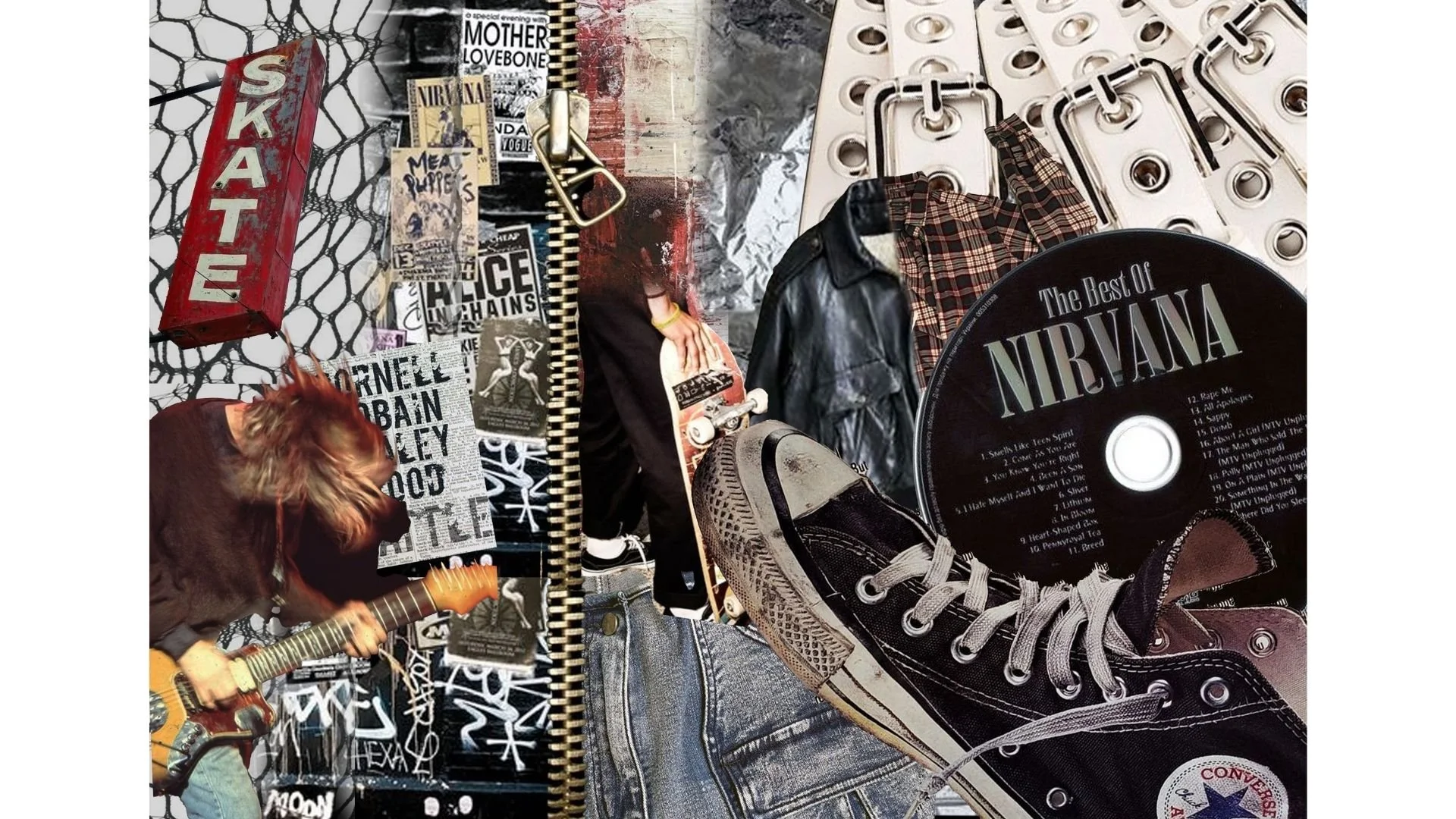 Inspired by retro grunge references, this moodboard reflects an interest in revisiting past aesthetics to inform new ideas. The emphasis is on texture, layering, and visual tension, using grunge as a foundation for experimentation rather than reprodu