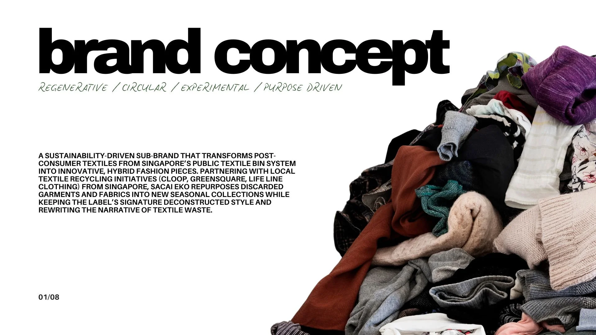 sacai : eko reimagines post-consumer textile waste as a design resource. By partnering with local textile recycling initiatives, the sub-brand transforms discarded fabrics into hybrid, deconstructed fashion pieces that stay true to sacai’s DNA while 