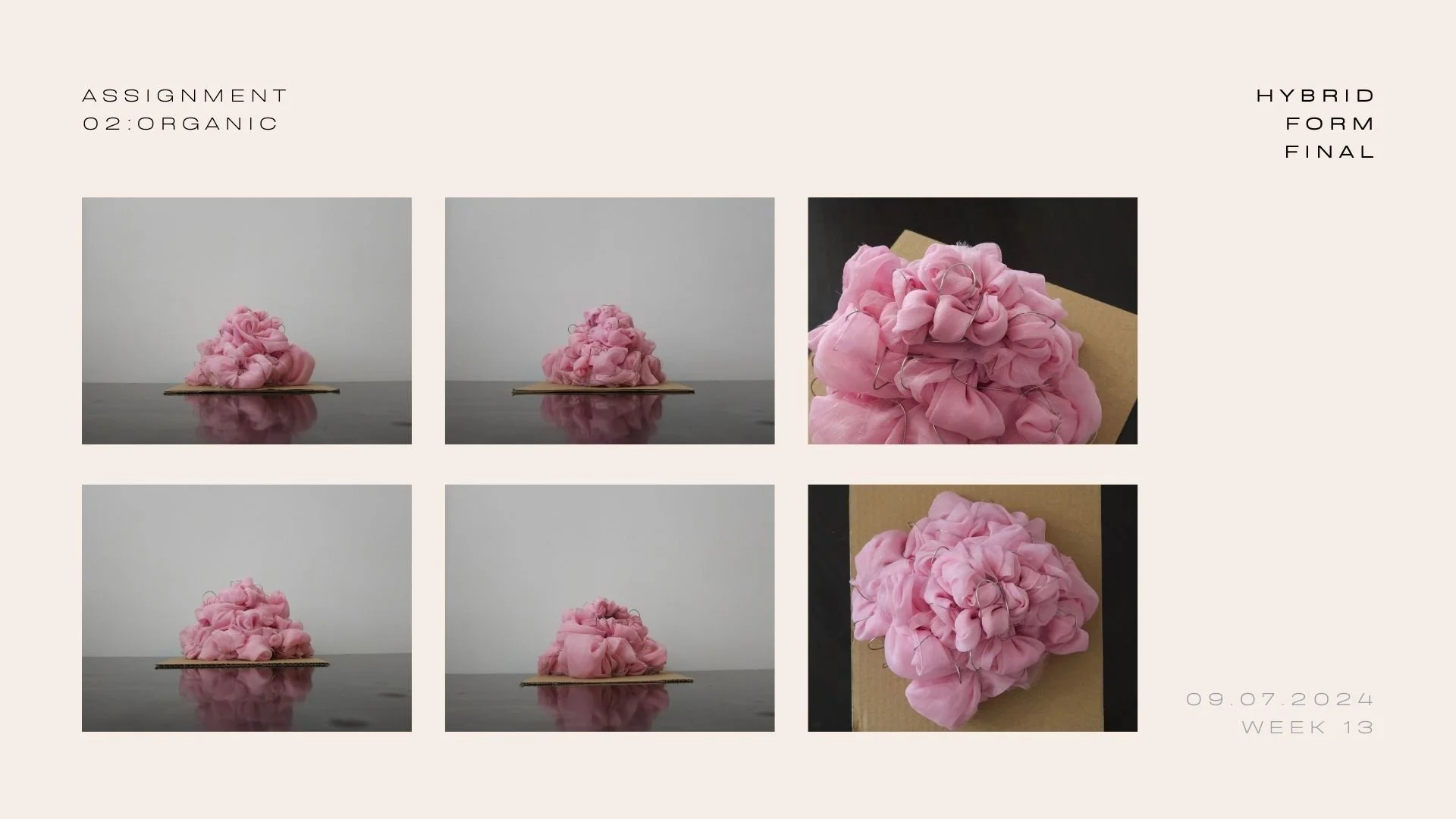 This cone form was transformed into a pyramid created from chiffon fabric delicately entwined with wire. The transparency in the chiffon fabric creates a sense of balance and harmony. This combination of structure and softness can be seen in this scu