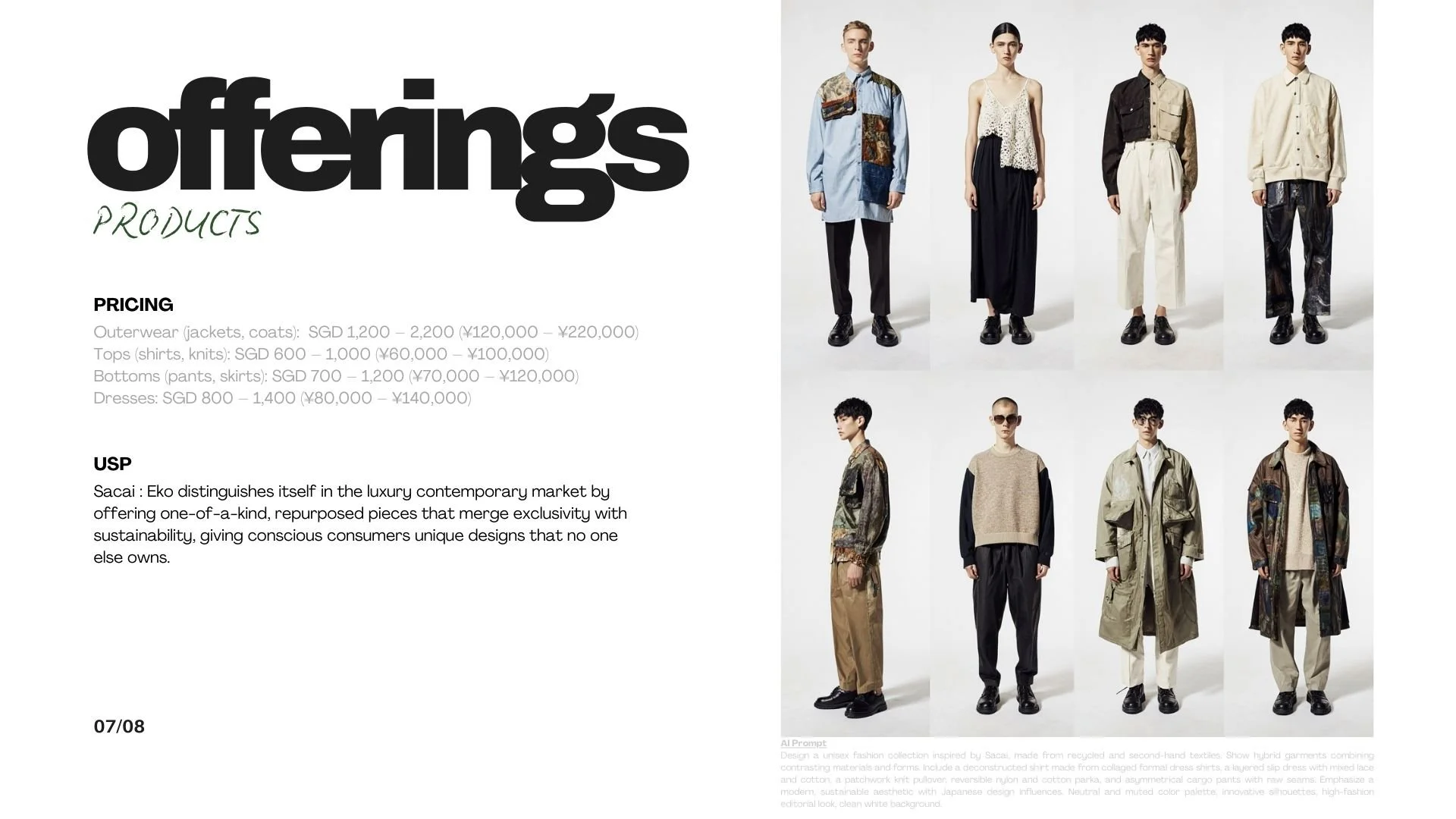 Products are positioned within the contemporary luxury market, reflecting the value of craftsmanship, limited availability, and sustainable processes. The key USP lies in offering one-of-a-kind designs that merge exclusivity with environmental respon