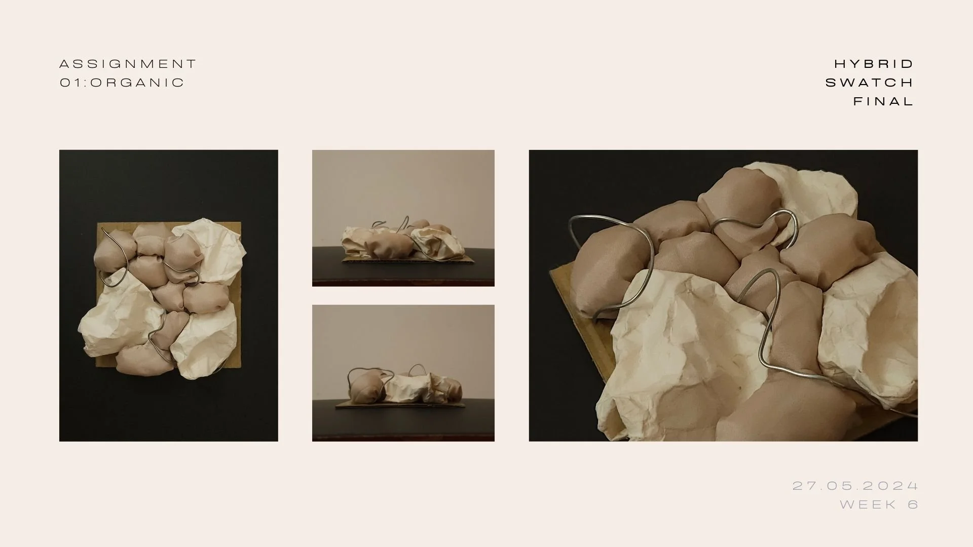 To show the harmony between the soft and hard elements, I chose to substitute the crochet yarn from the soft swatch into bendable wire while maintaining and combining both hard and soft swatches. This allowed me to create a piece that blends the deli