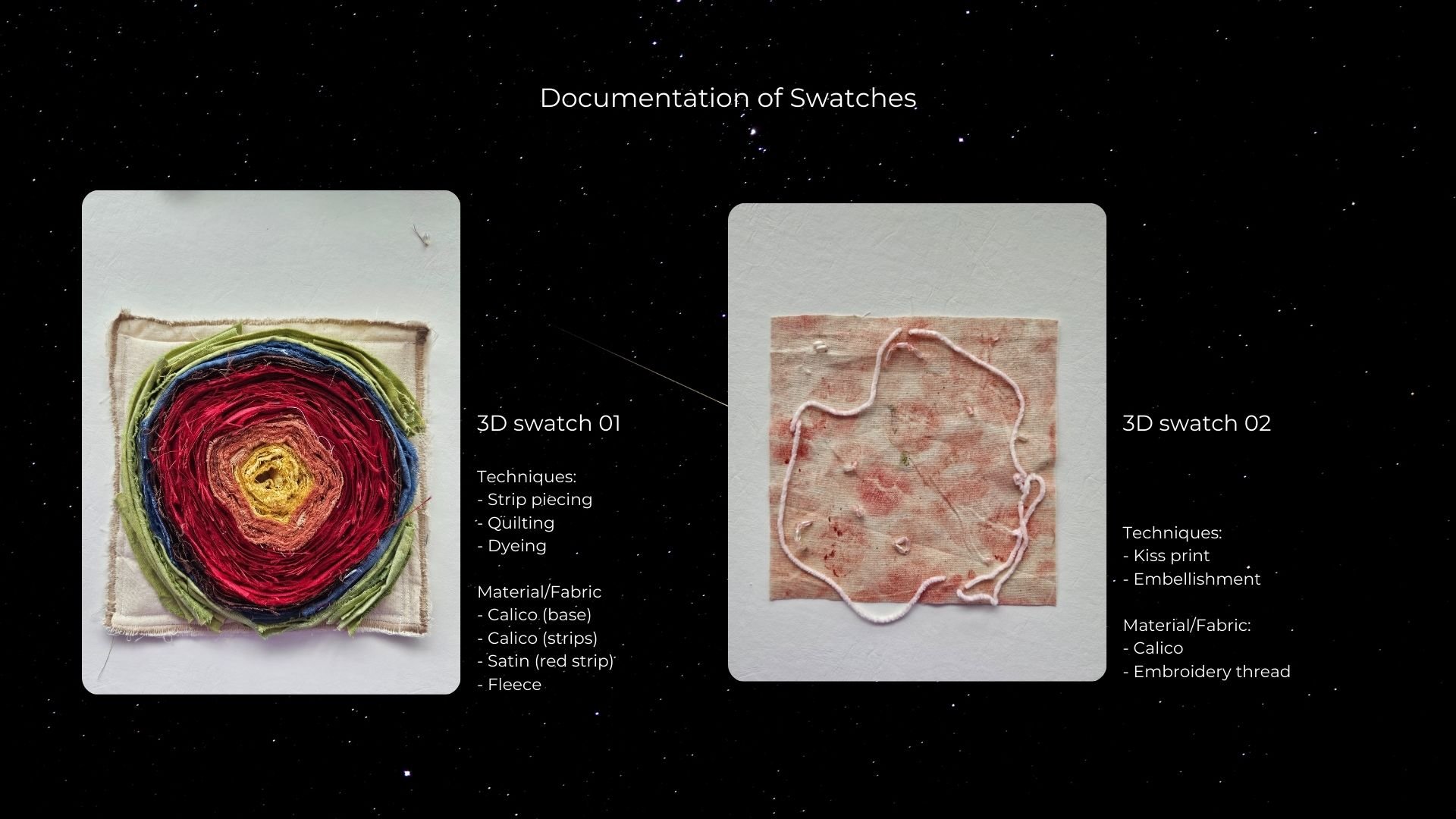 The first 3D swatch represents the Earth’s core through a thick, layered construction. Strip piecing, quilting, and dyeing were combined to create depth and density, reflecting the layered structure and intensity beneath the Earth’s surface.

The sec