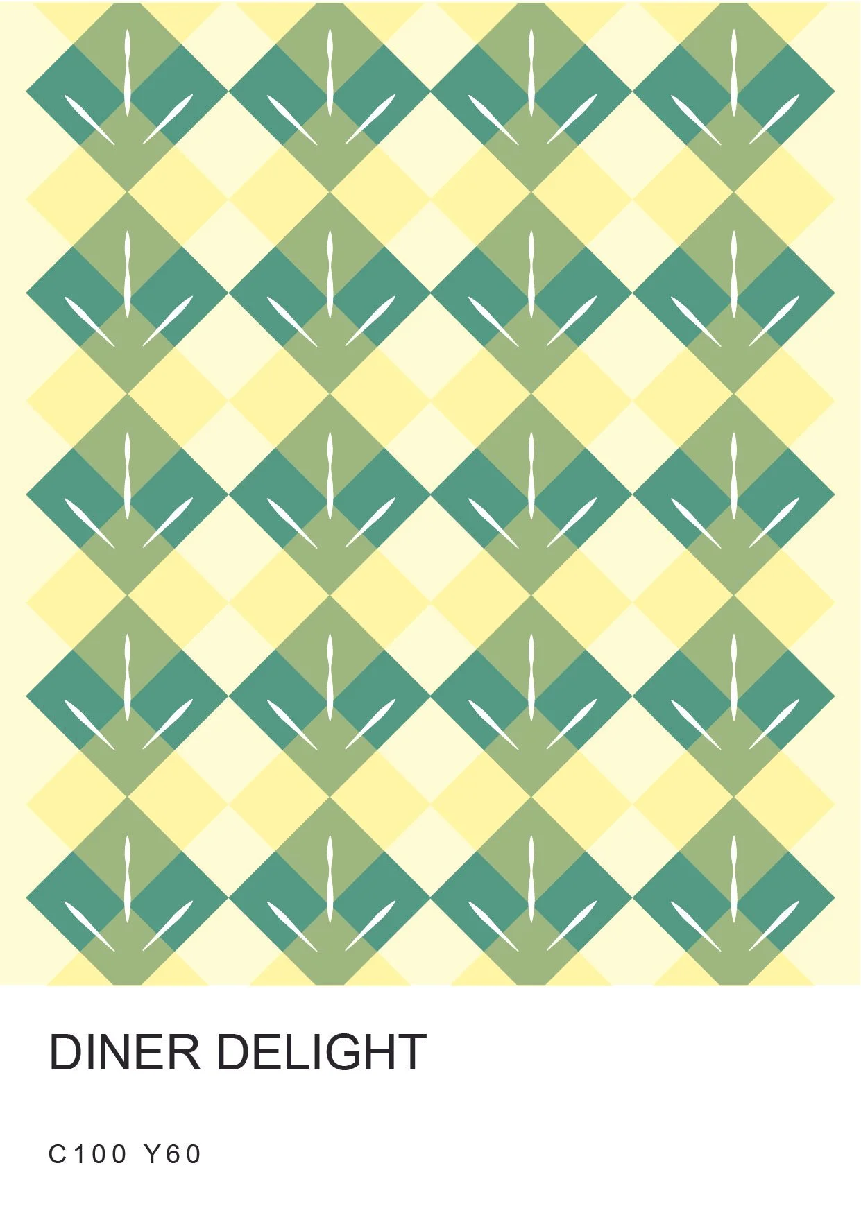 Inspired by 60s diner aesthetic, I created a blend of turquoise and yellow squares. To show the lively and bold pattern, I  mixmatched the shape with lines on the main coloured square - turquoise evoking a sense of fun. The choice of turquoise and ye