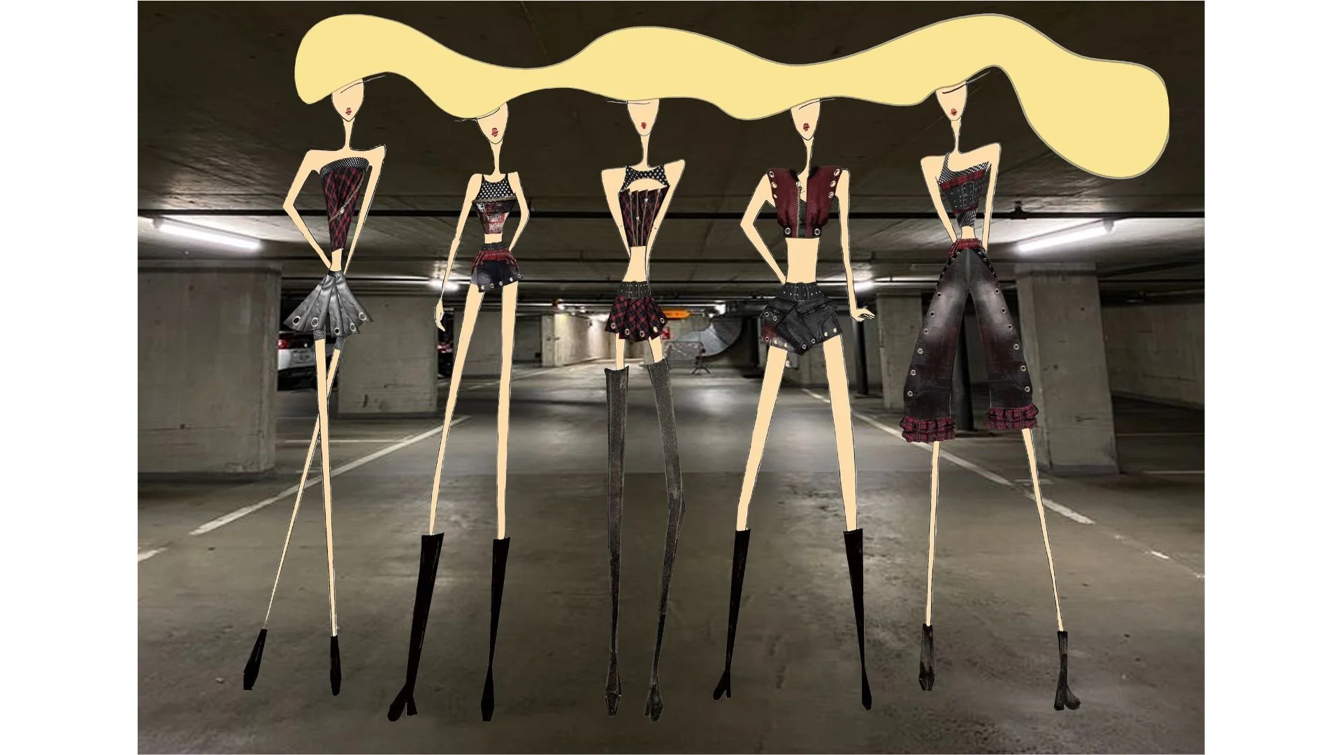 The final looks were presented on illustrated mannequins to allow greater control over proportion and styling. A carpark setting was chosen to introduce a gritty, urban atmosphere, drawing inspiration from K-pop stage and album concepts. The environm