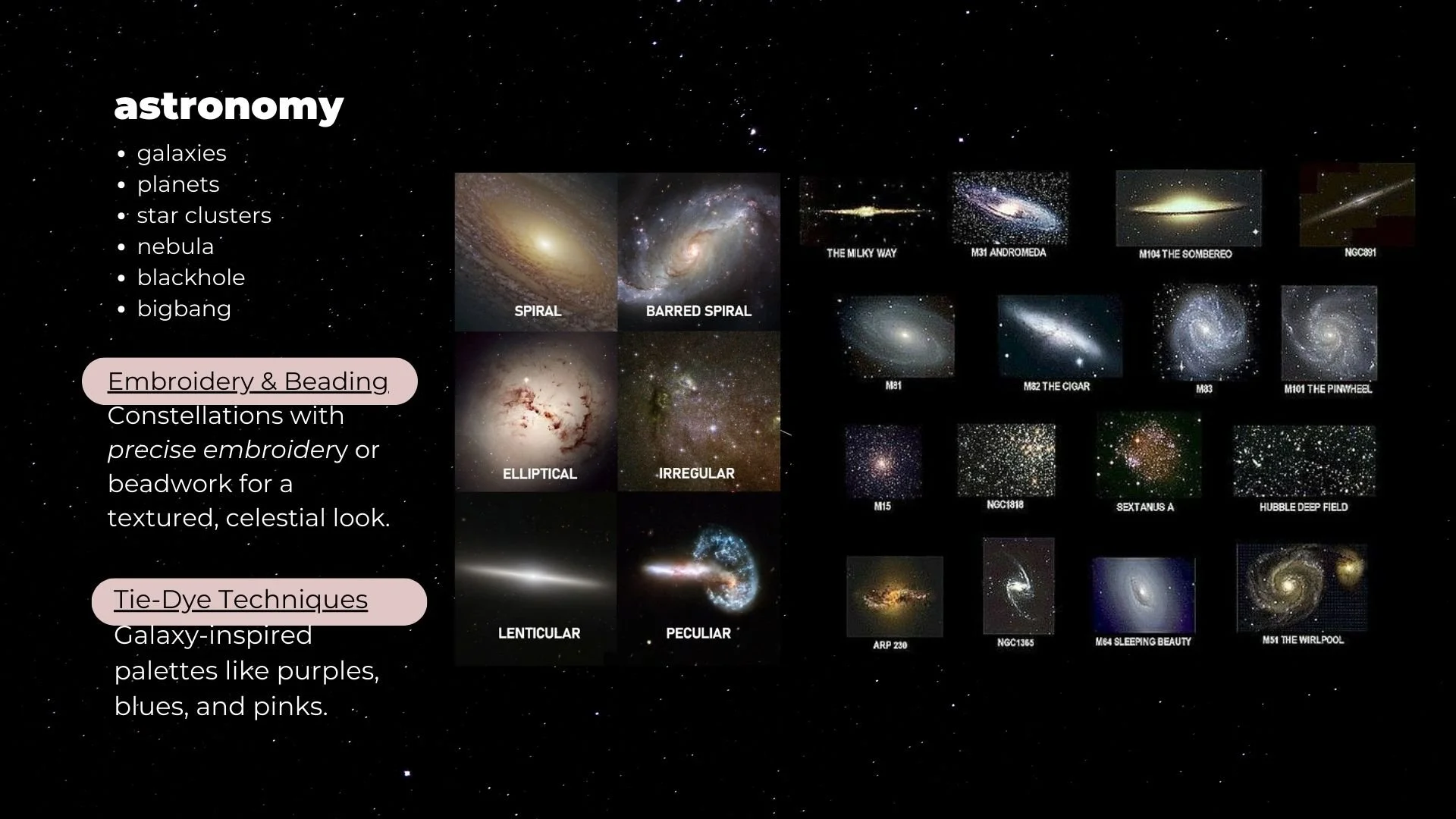 The research board explores astronomy as a visual reference, focusing on galaxies, planets, and cosmic formations. These elements were studied for their colours, structures, and surface qualities, providing a foundation for translating celestial imag