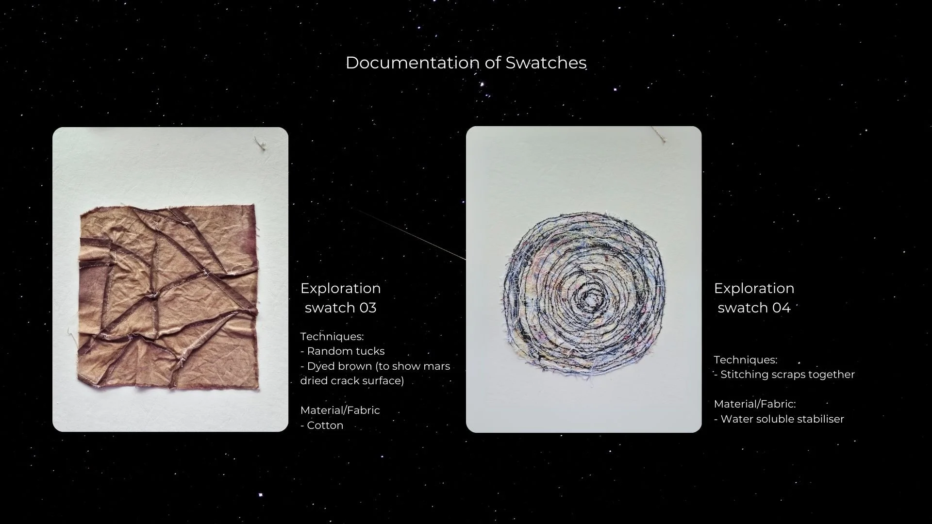 The third swatch interprets the dry, cracked surface of Mars through dyed fabric manipulation, emphasising texture and dryness. The fourth swatch presents a more stylised and illustrative interpretation of a planet, moving away from realism and allow