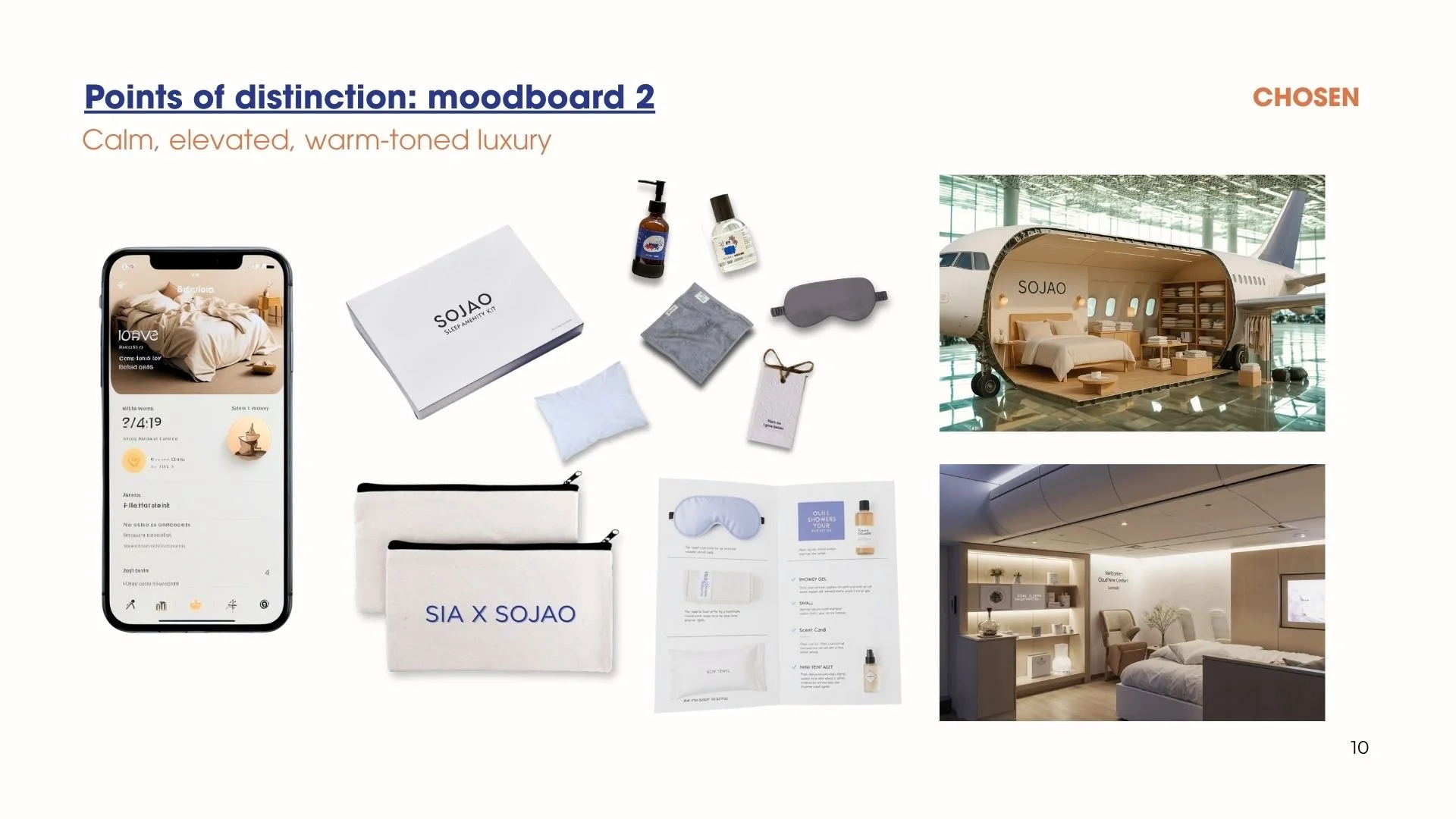 Moodboard 2 was selected as it better represents the emotional core of the collaboration — rest, comfort, and understated luxury. It creates a more immersive and human-centred experience, allowing SOJAO to seamlessly integrate into the SIA travel jou