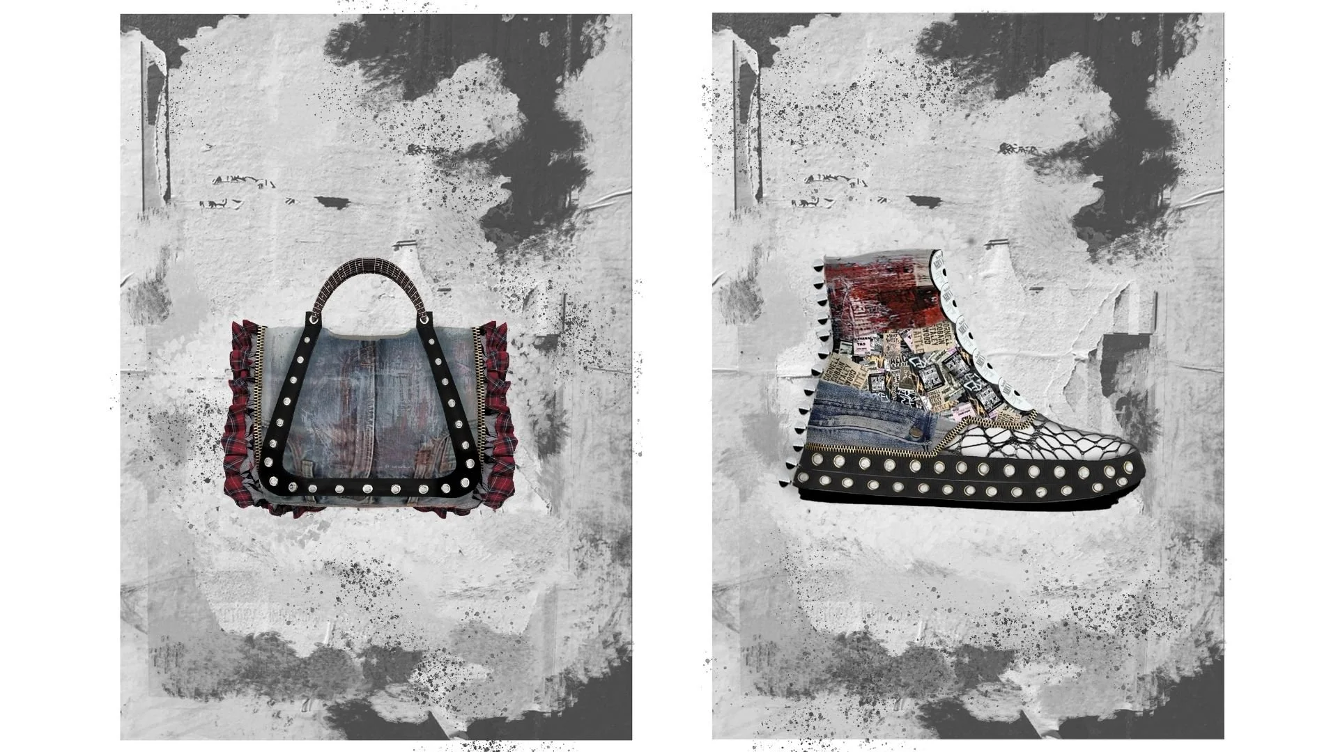 Accessories and product designs were developed using the same cut-and-paste approach, extending the grunge concept beyond garments. Bags and footwear were designed to complement the outfits through material contrast, hardware details, and layered tex
