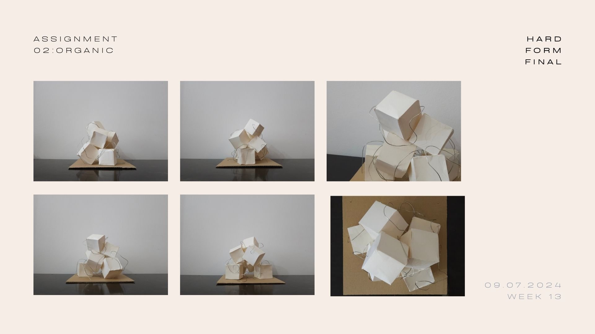 This cube form, created with craft paper. Water was dabbed to create the texture and impression of it not being angled. When rotated, it can capture light and shadow from different angles, showing the different facades of form. The cubes are placed s