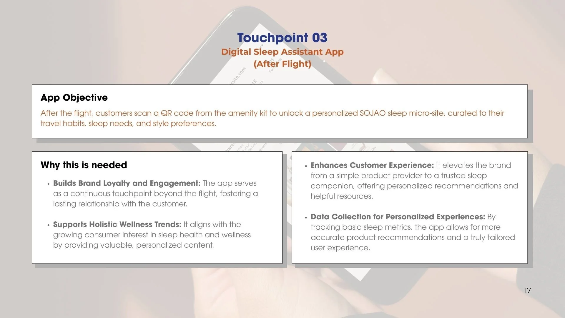The digital sleep assistant transforms SOJAO from a product-based brand into a long-term sleep companion. By allowing users to scan a QR code post-flight, the brand extends the experience beyond travel and into everyday life through personalised slee