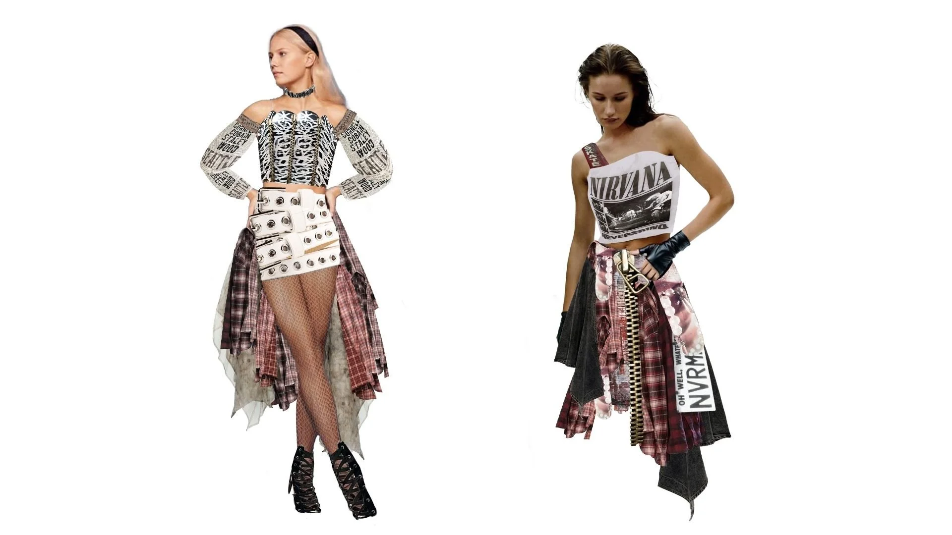 Outfit development was explored through digital cut-and-paste techniques, combining elements from selected fashion eras associated with grunge culture. Existing garments, textures, and details were reassembled digitally to study proportion, layering,