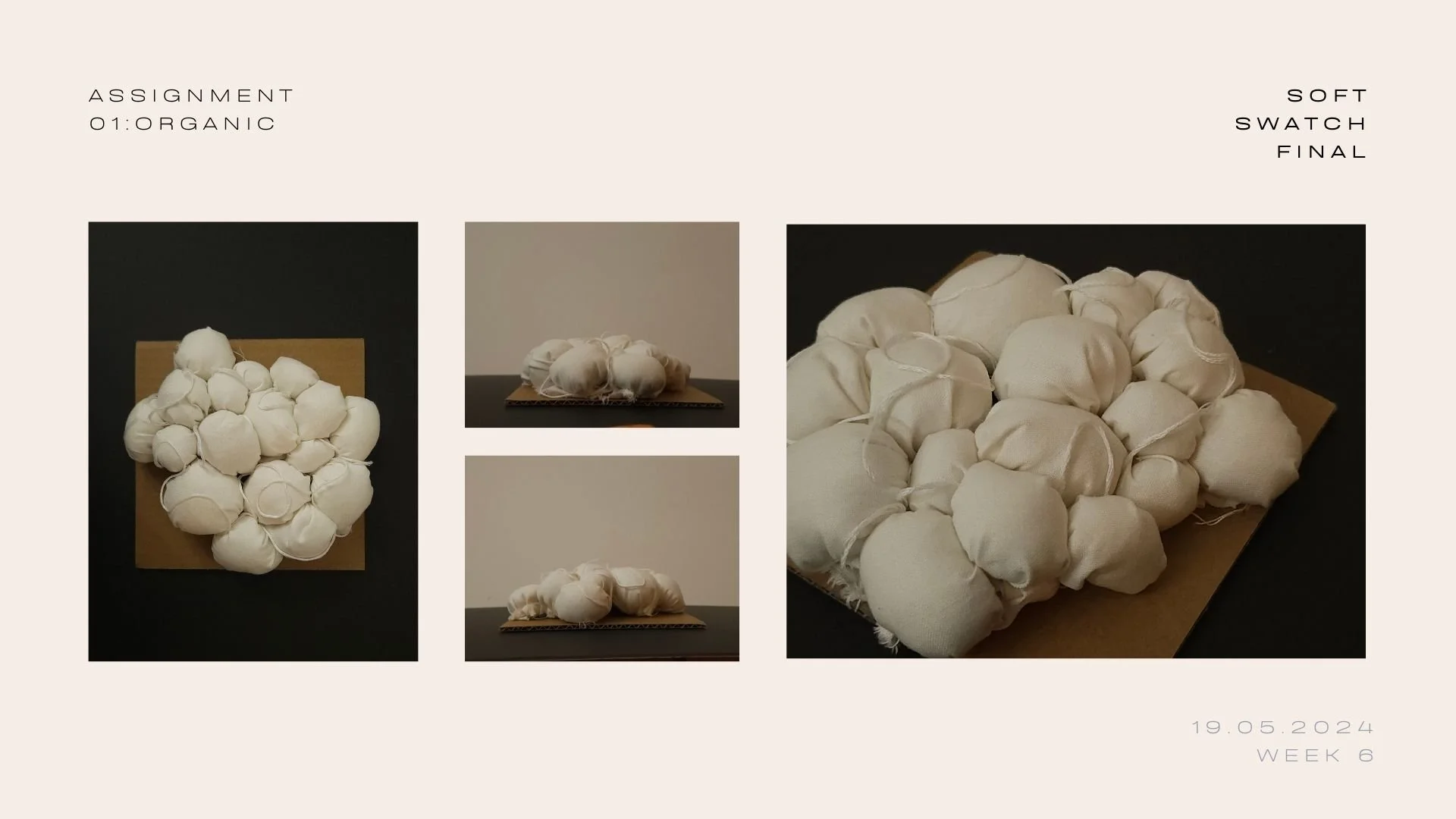 Inspired by fabric manipulation similar to the bubbling technique, I created the texture by sewing each ball and combining them together. The texture was created with cotton fabric stuffed with recycled cotton, giving it a round look and a soft, plus