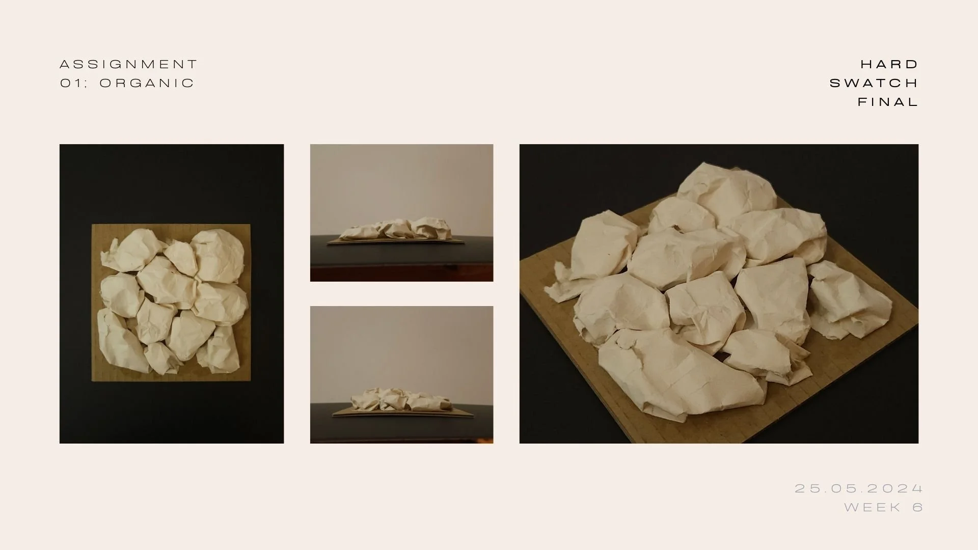 The swatch was inspired by organic buildings, interiors, and the textures typically found on interior walls; it has a structure-like appearance. I used paper as the hard material, crushing it up and spraying it in water to soften it. This gave the pa