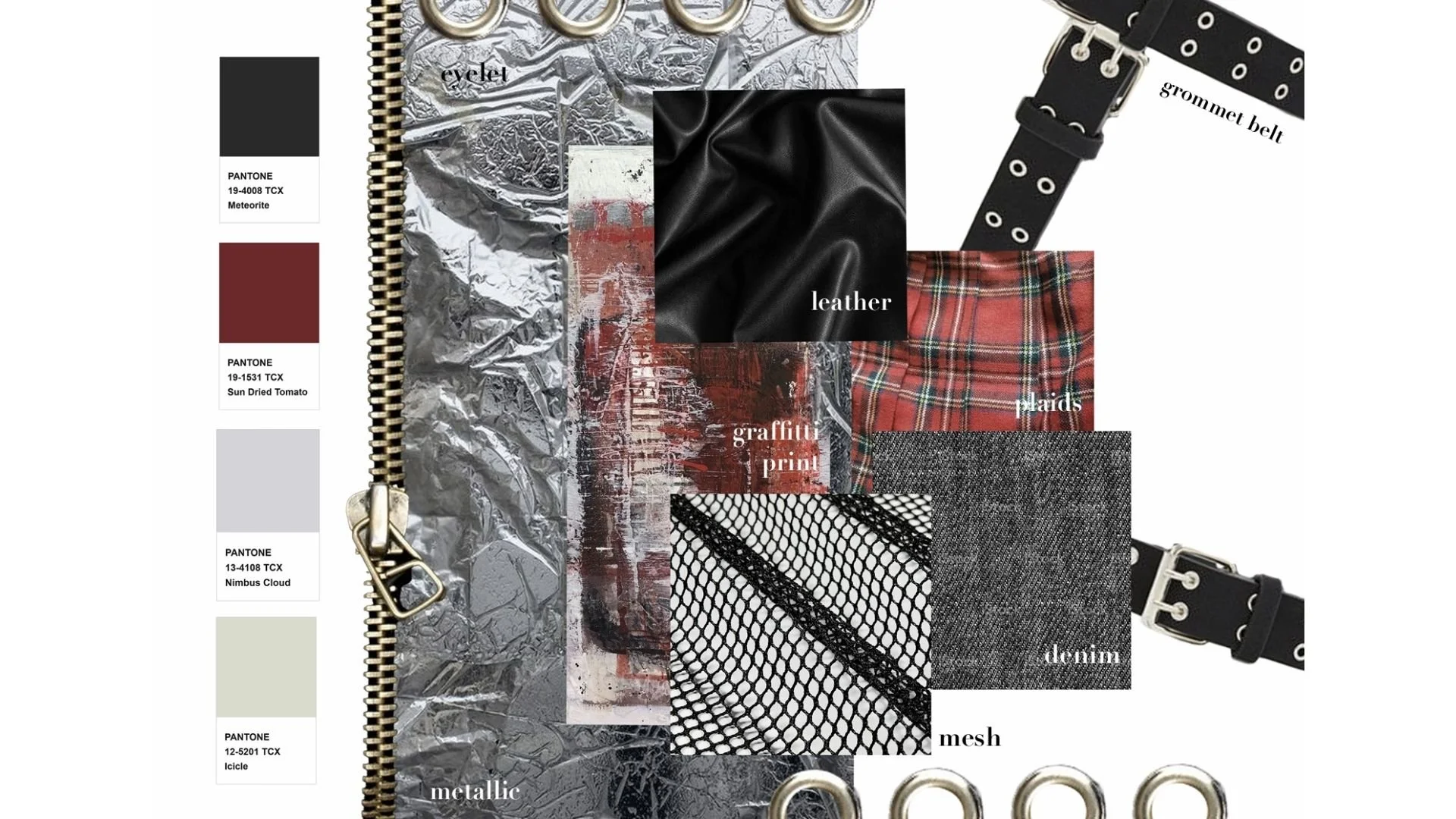 Material exploration centred on denim, leather, mesh, and metallic elements, chosen for their association with grunge styling and visual texture. Hardware details were introduced to enhance contrast and add an industrial edge to the overall design di