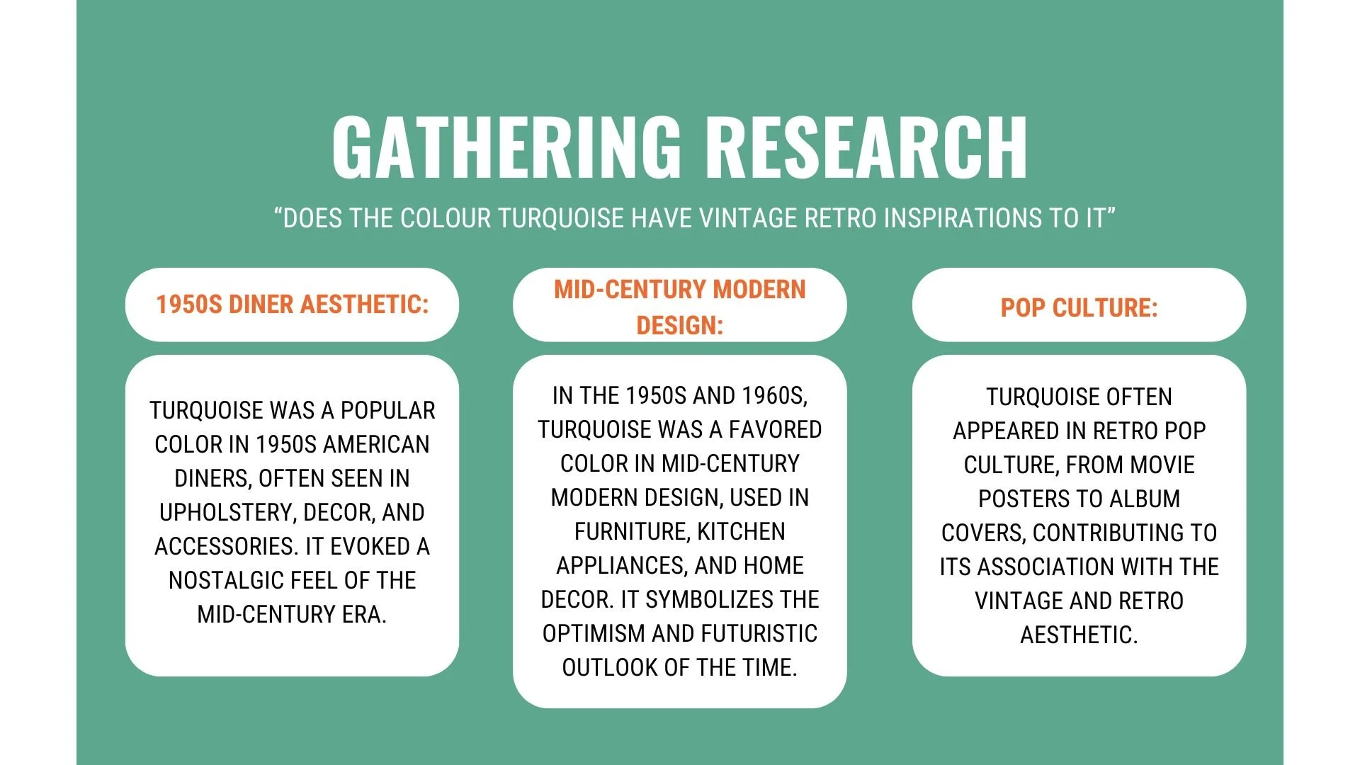 Research explored how turquoise appears across vintage and retro references, particularly within 1950s diner culture, mid-century design, and pop imagery.