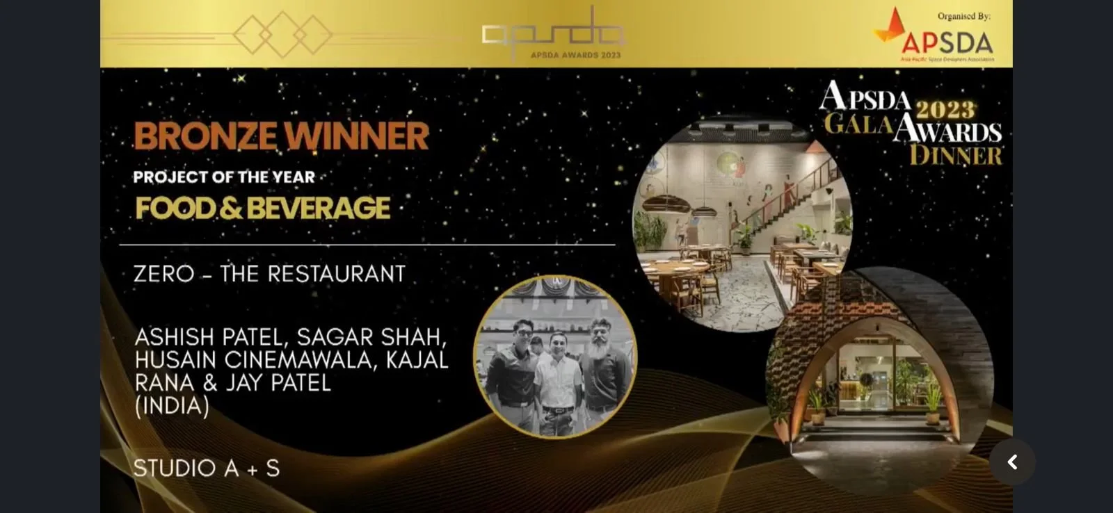 Award announcement slide for APSDA 2023 Gala Awards Dinner showing category winners, with a black starry background, images of restaurant interiors, and a group photo of the winners.