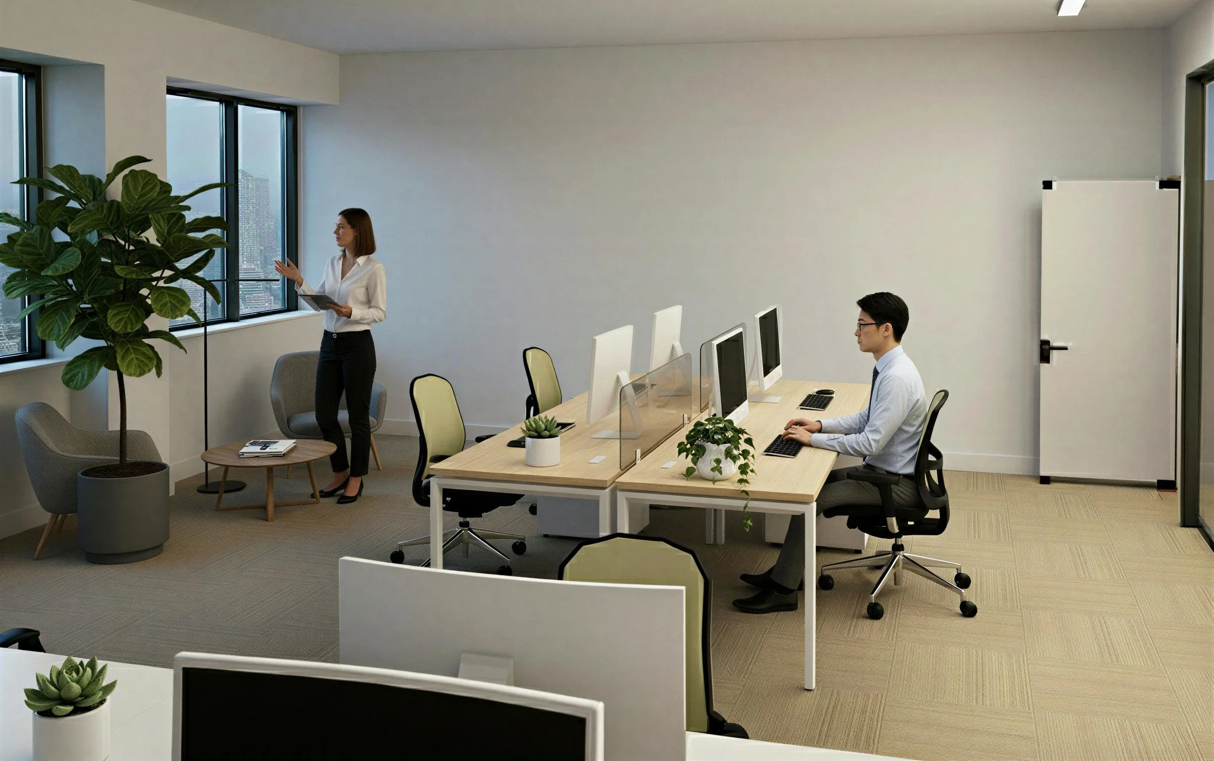 Office with two employees, one woman standing near window and woman sitting at desk, computers, plants, large window, minimal decor.