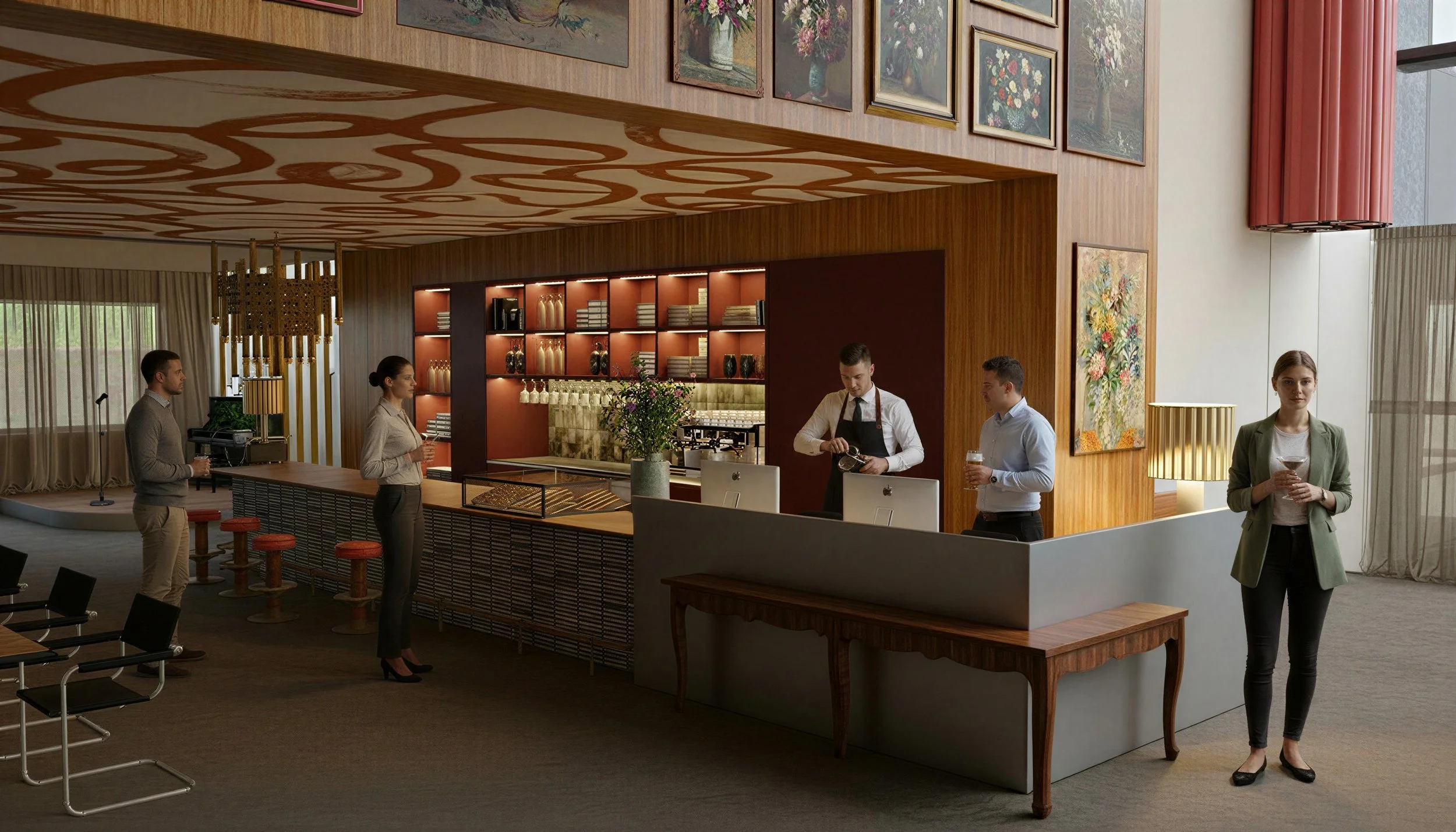 People at a hotel bar, with some waiting in line and others drinking, featuring a modern decor with wooden panels, artwork, and a large window.