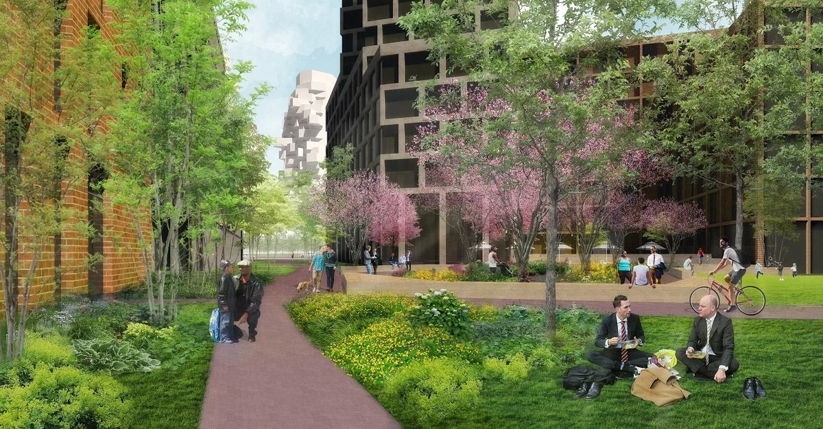 Urban park with people walking, biking, and sitting on grass under flowering trees in front of tall modern buildings.