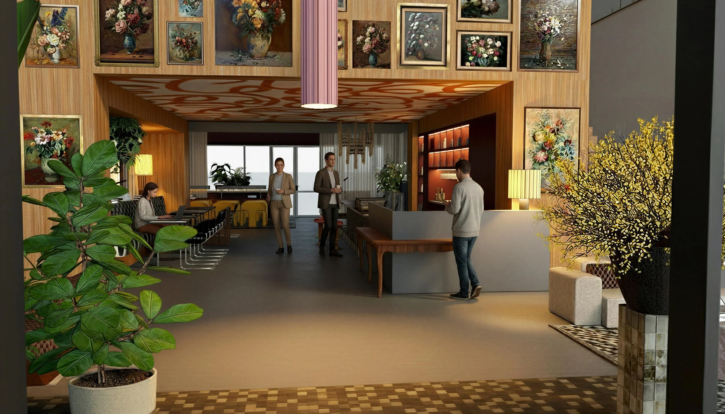 Modern hotel lobby with floral artwork on wood-paneled walls, a reception desk, seating area, large potted plants, and four people interacting, some with drinks and one working on a laptop.