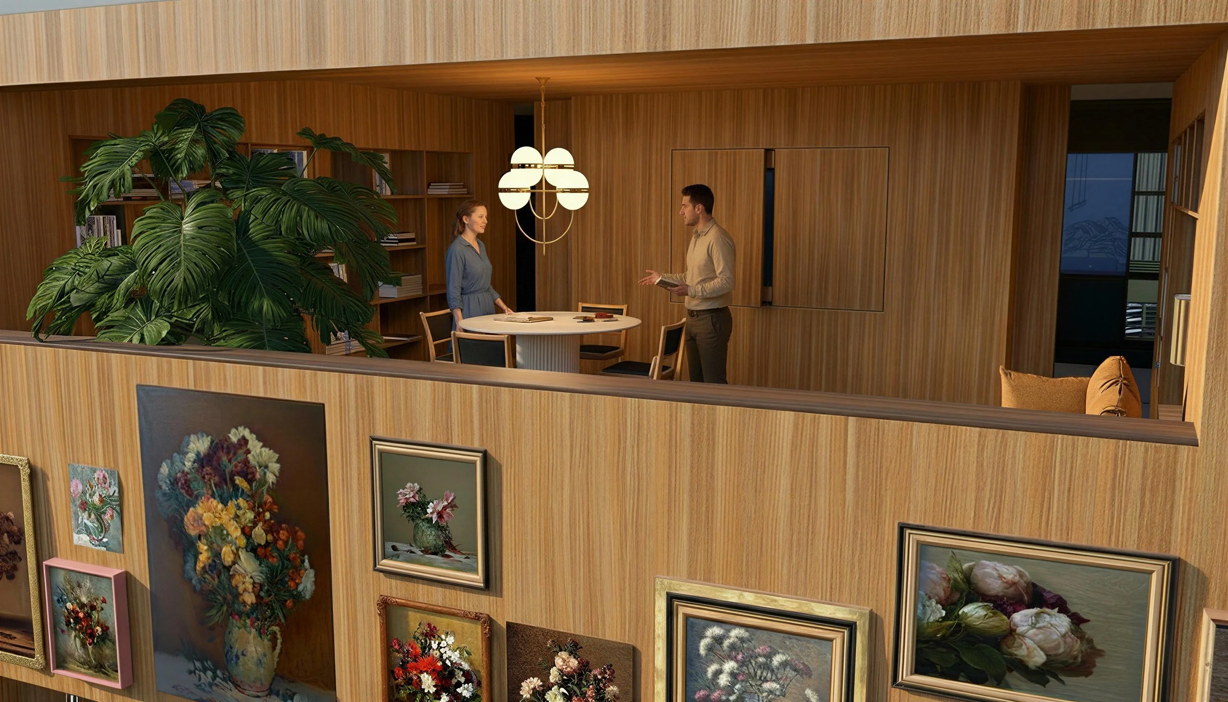 Interior view of a modern wooden room with a woman and a man engaged in conversation, decorated with plants and framed floral artwork.