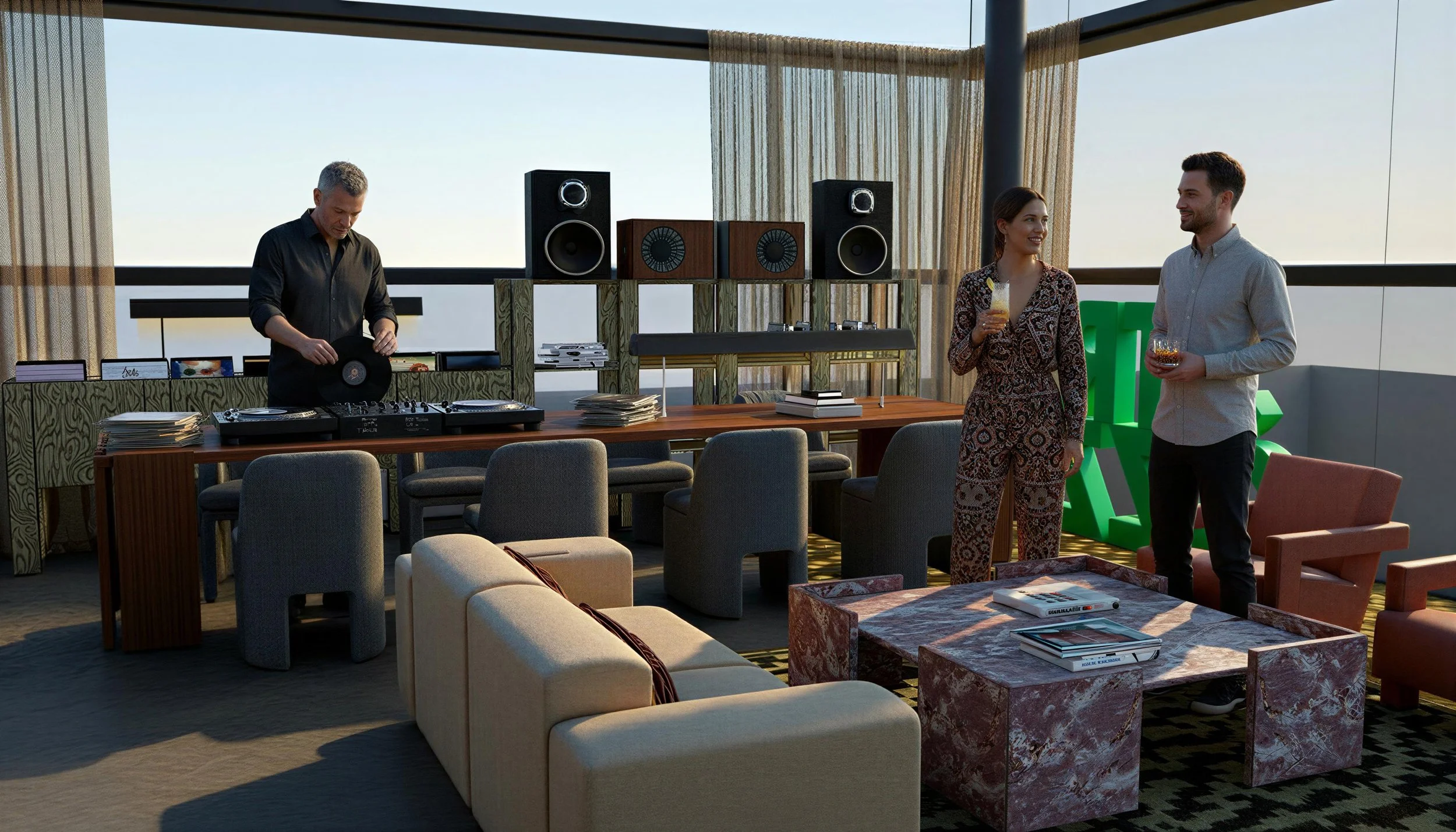 A DJ is playing music at a lounge with two people holding drinks in conversation, large speakers, and modern furniture.