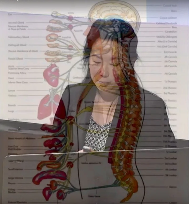A woman standing in front of a medical diagram of the human nervous and digestive systems on a whiteboard. The diagram shows detailed illustrations with labels, and the person's face is partially visible, oriented downward, with long dark hair.