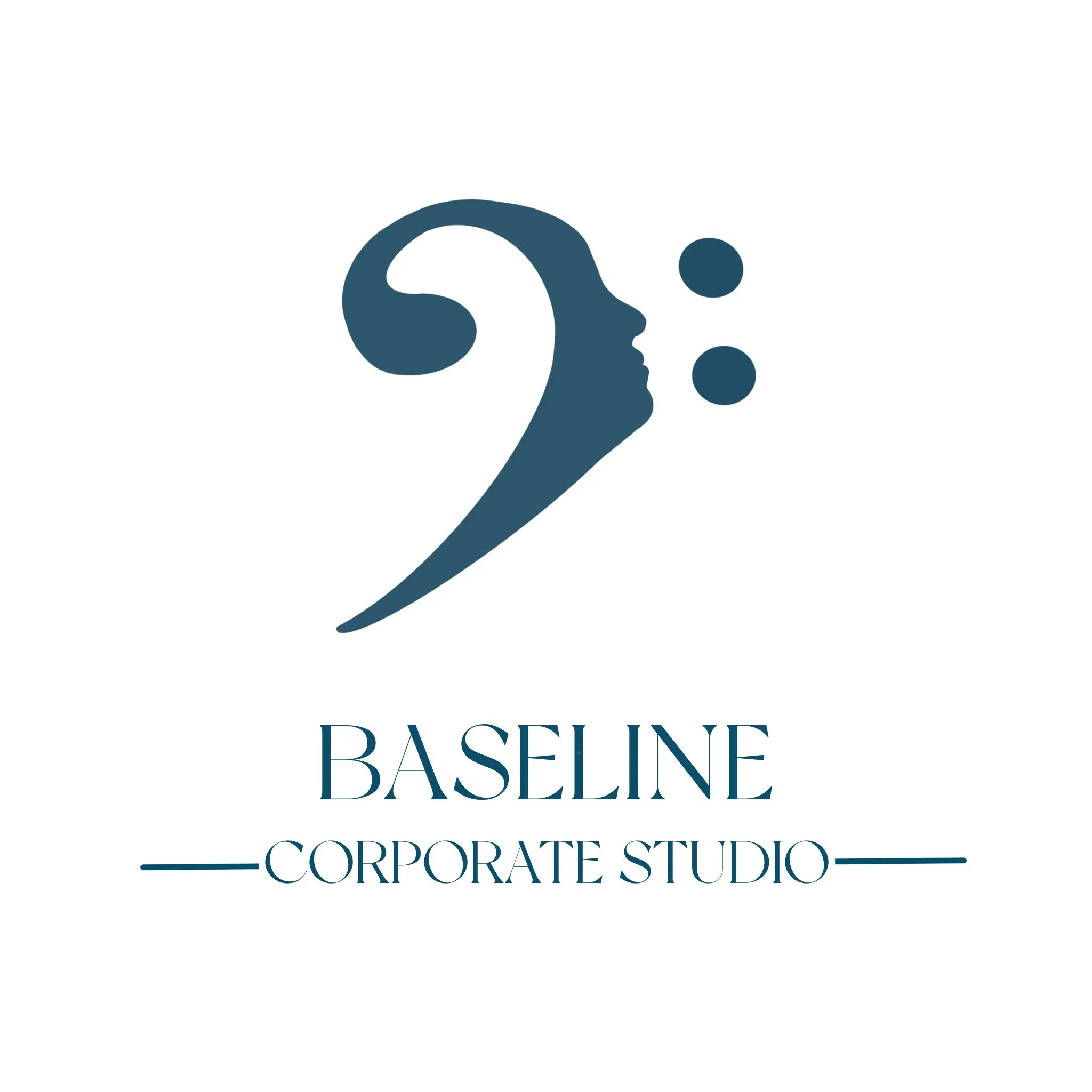 Logo featuring a stylized profile of a person's face morphed from the bass clef in musical notation, and the text 'BASELINE CORPORATE STUDIO' beneath.