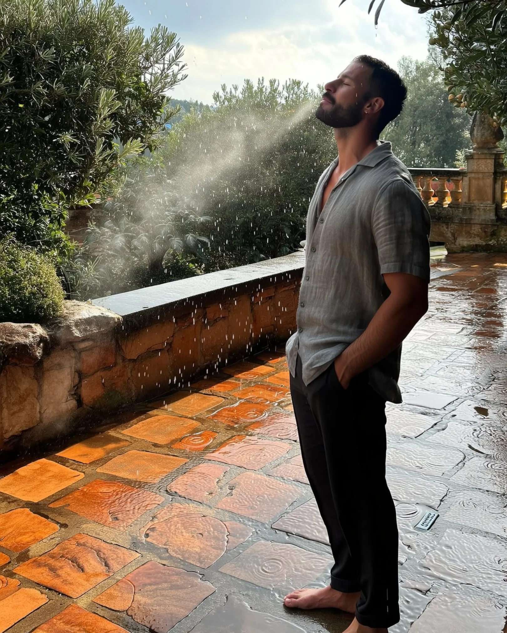 Man staat op een regenachtig terras met blote voeten, genietend van de regen en wind, met bomen en een stenen muur op de achtergrond.