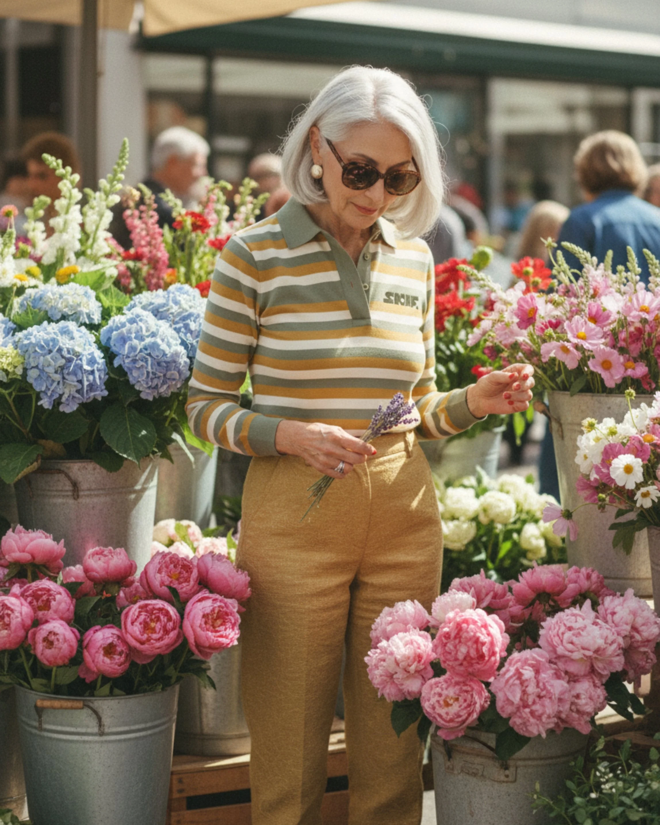 Een oudere vrouw met bruin haar en grote zonnebril is in een bloemenmarkt, omgeven door kleurrijke bloemvazen met verschillende bloemen zoals hydrangea, rozen en margrieten.