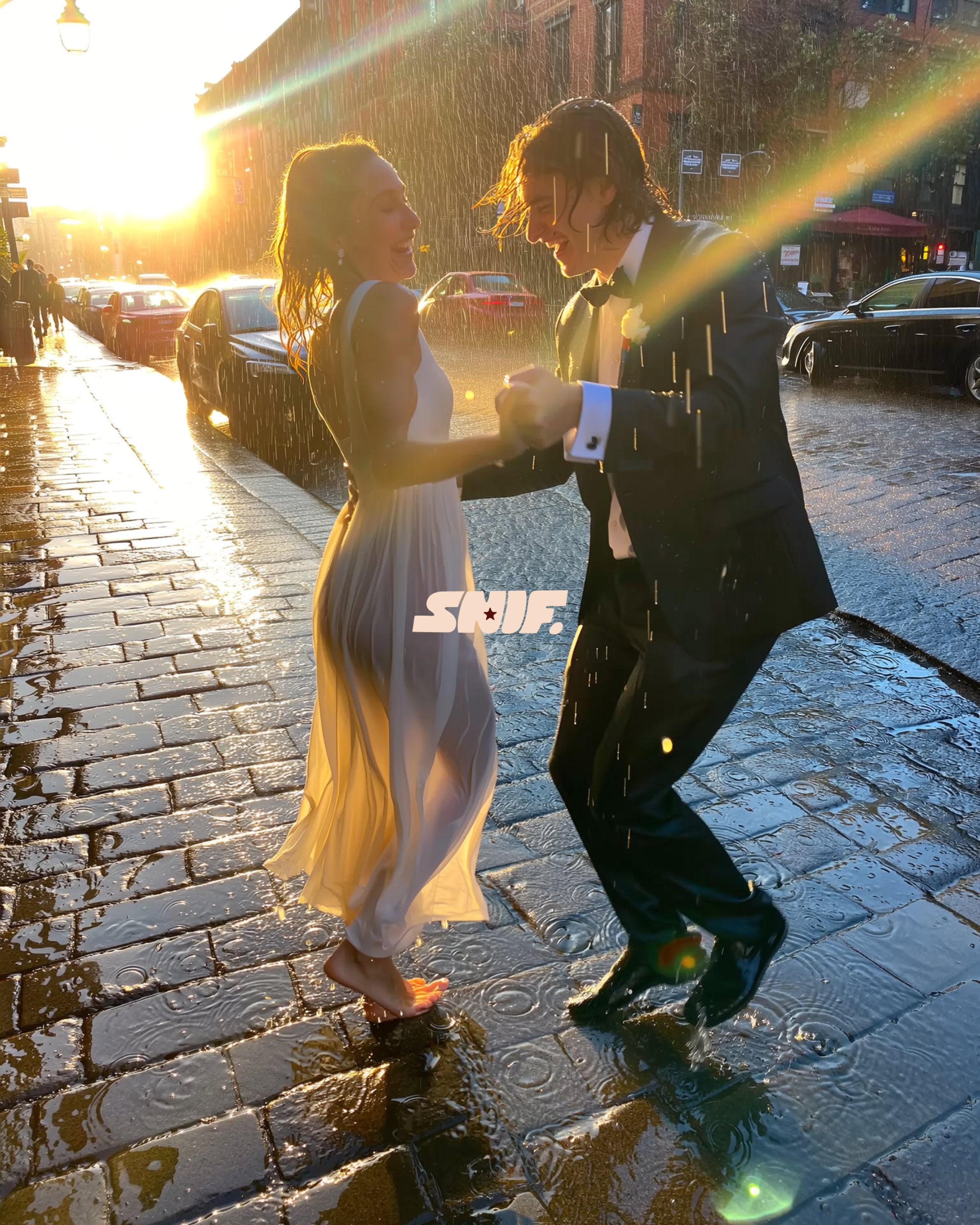 Een paar dat danst in de regen op een straat bij zonsondergang, de vrouw draagt een witte jurk en de man draagt een zwarte pak.