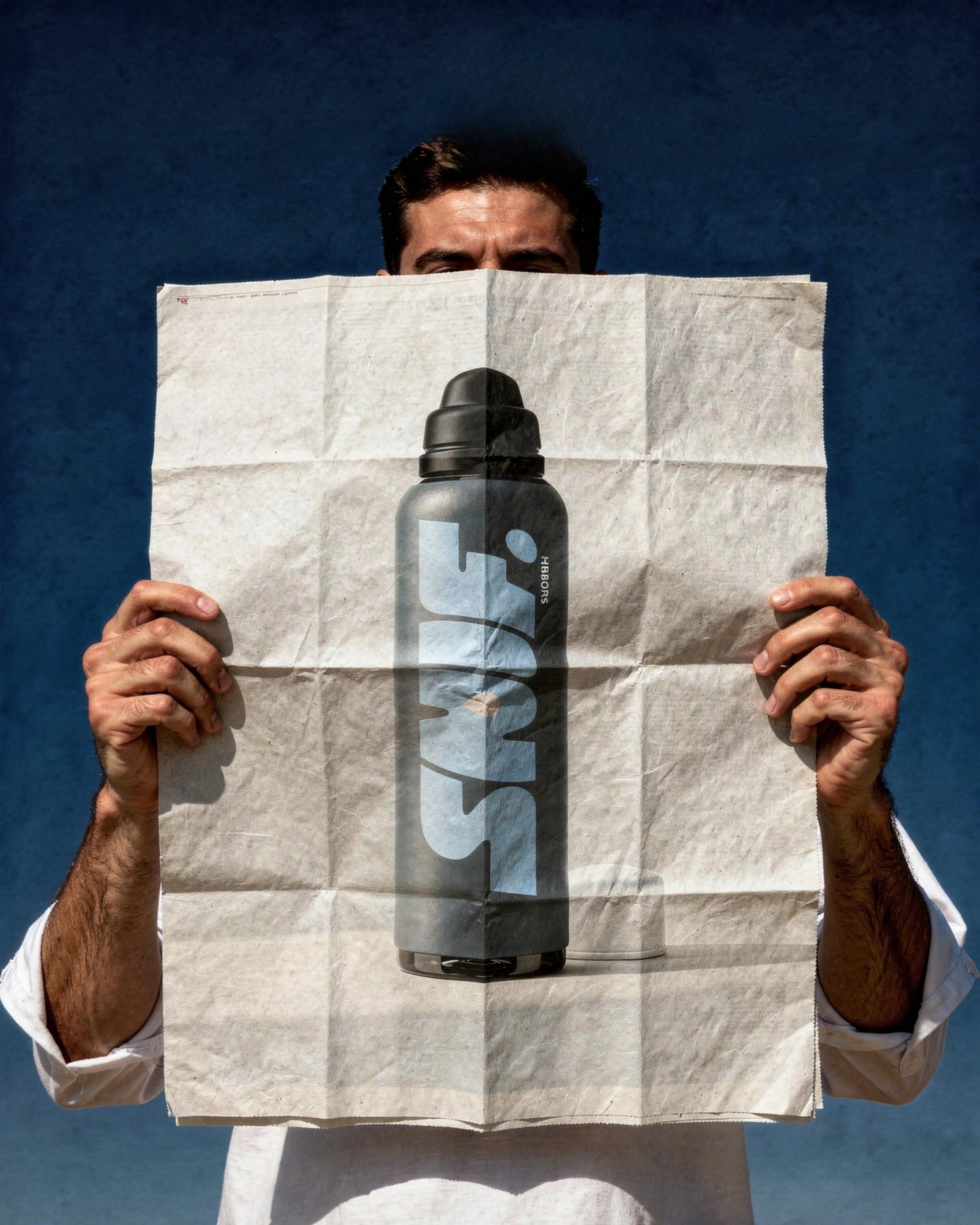 Man houdt een krant vast met een afbeelding van een grote Nike sportswaterfles erop.