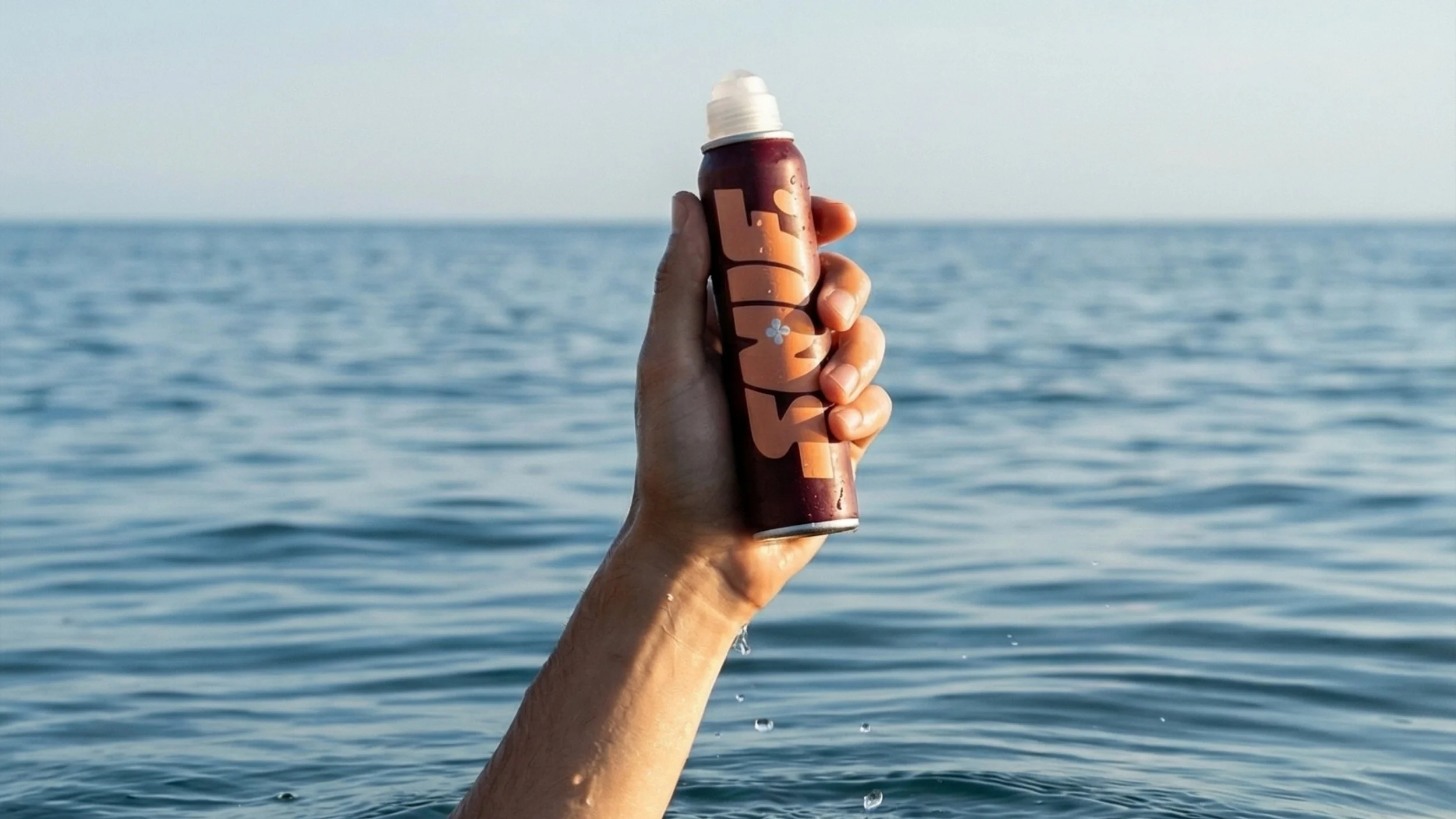 Hand houdt een flesje sunscreen spray boven de zee met water dat eraf druipt, op een zonnige dag.