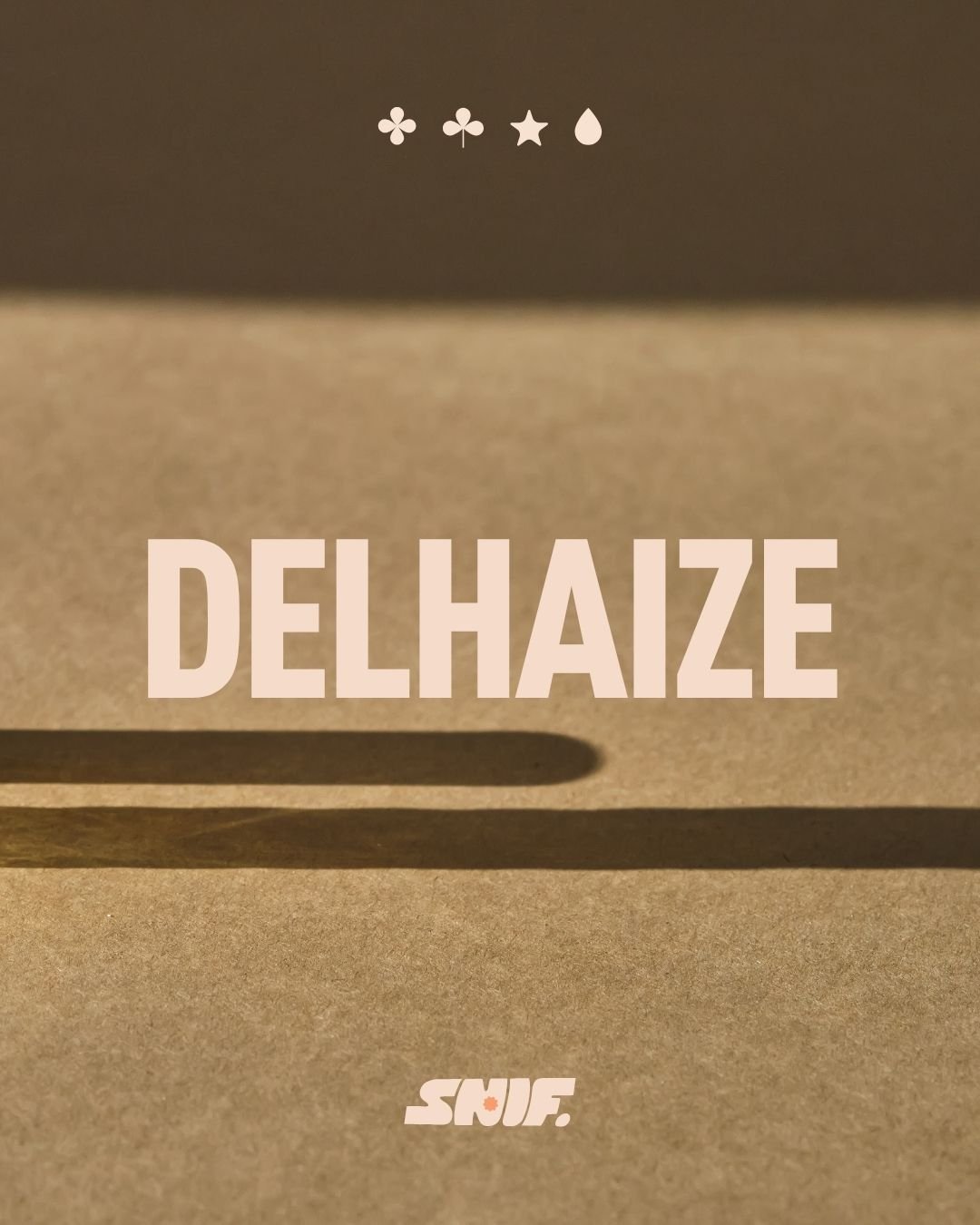 De afbeelding toont een rechthoekig doosje met de tekst DELHAIZE en het logo SNIF onderaan. Bovenaan zijn vier symbolen: een klavertje, een schorpioen, een ster en een druppel.