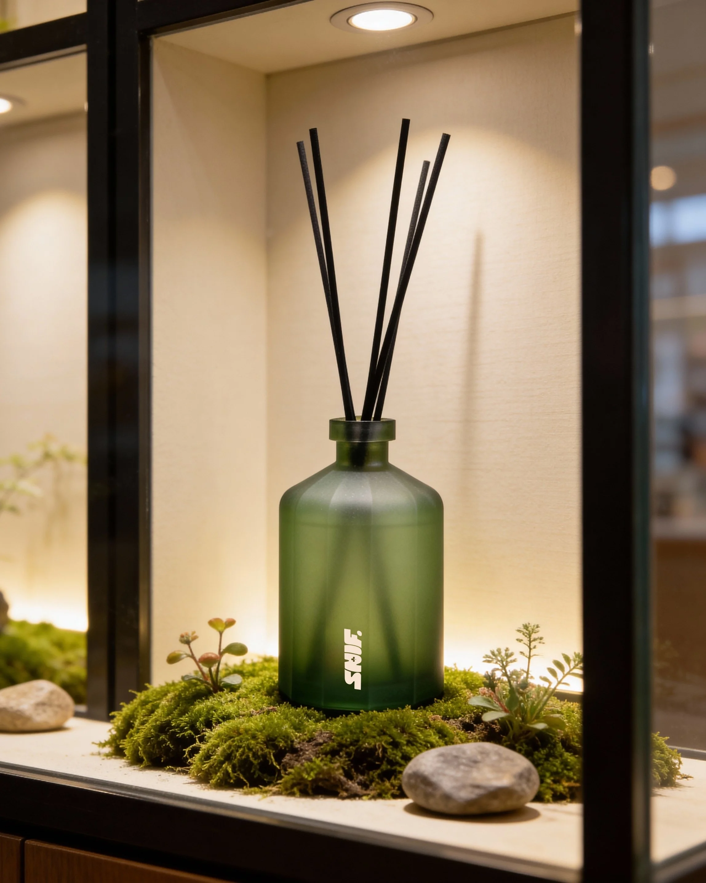 Groene diffuser met zwarte rietjes op een bed van mos en stenen, binnen een decoratieve opstelling.