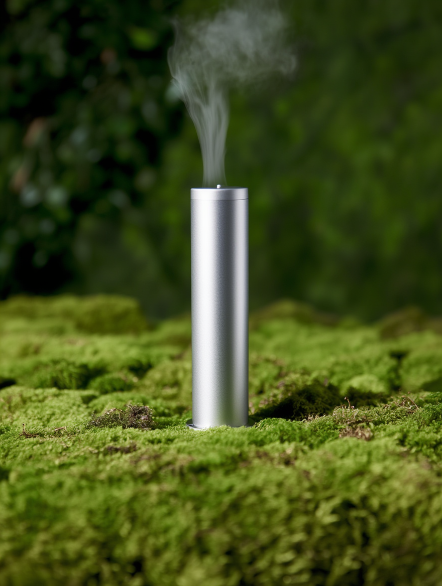 Hoge, zilveren, cilindrische geur-dispenser op een groen, mossig oppervlak met groene bladeren op de achtergrond, uit de dispenser stijgt stoom of geurwolk.
