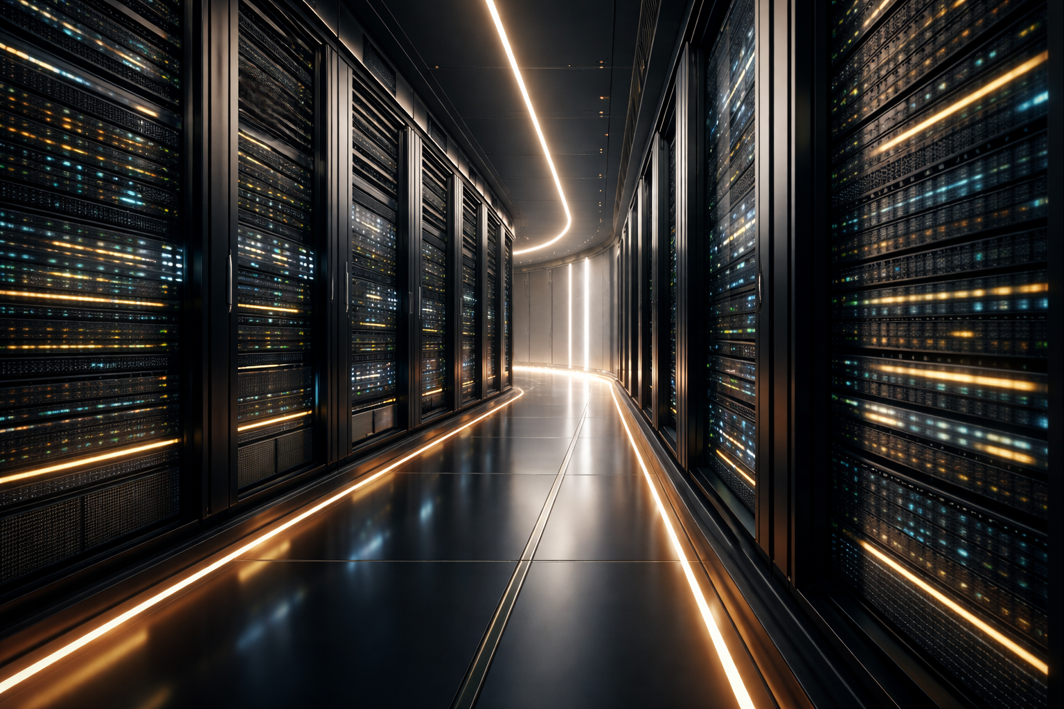A modern, high-tech server room with rows of illuminated server racks on either side, a sleek floor, and a curving ceiling with bright light strip.