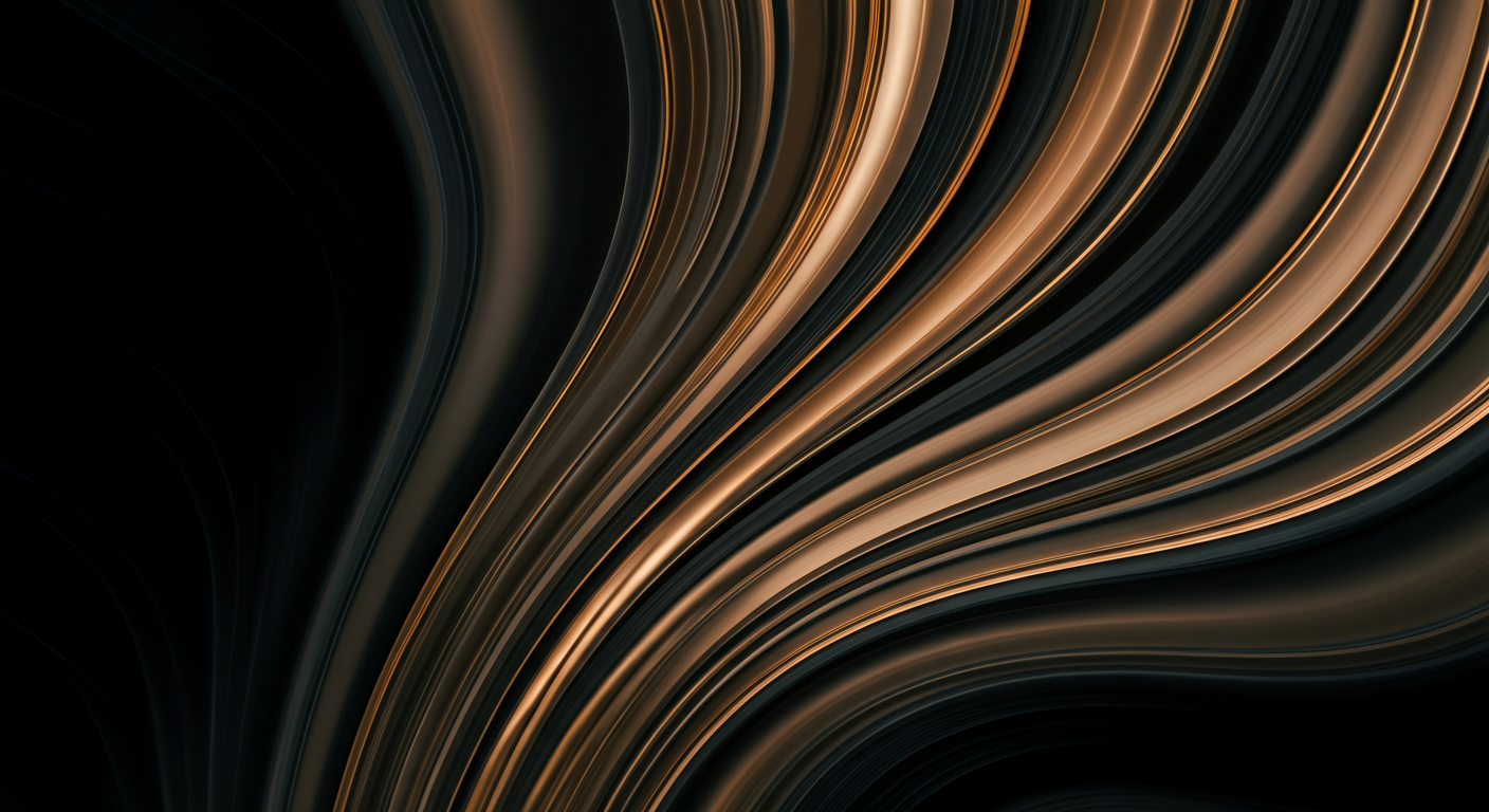 Abstract digital art with flowing, curved lines in gold and bronze tones against a black background.