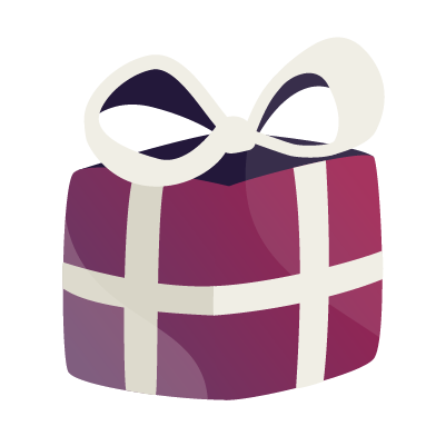 A stylized, cartoon-like illustration of a wrapped gift box in shades of purple and pink with white ribbon accents.
