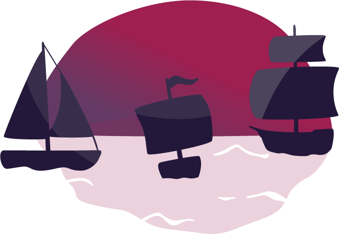 Silhouettes of sailing ships against a dark red and purple sky.